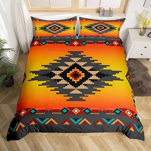 Western Decor - Juego de funda de edredón vintage exótica de geometría india, estilo bohemio occidental, tamaño Queen, funda de edredón étnica Western Decor - Juego de funda de edredón vintage exótica de geometría india, estilo bohemio occidental, tamaño Queen, funda de edredón étnica