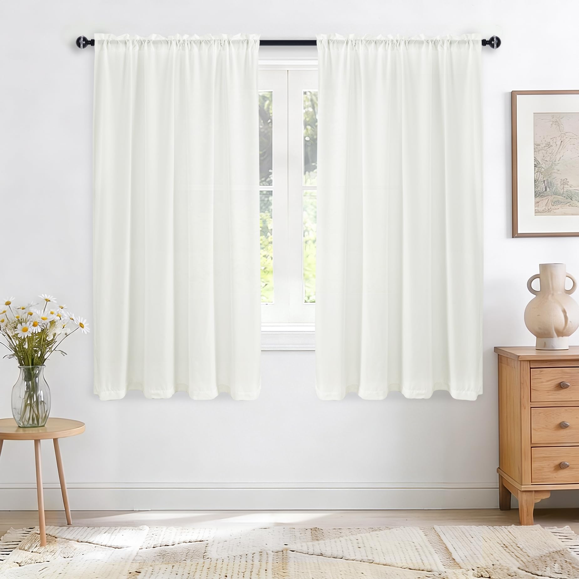 JIUZHEN White Voile Curtain Rod Pocket 63 Drop Net Curtains for Windows Translucent Sheer for Living Room Bedroom Privacy Protection Set of 2, W52 x L63 Inch