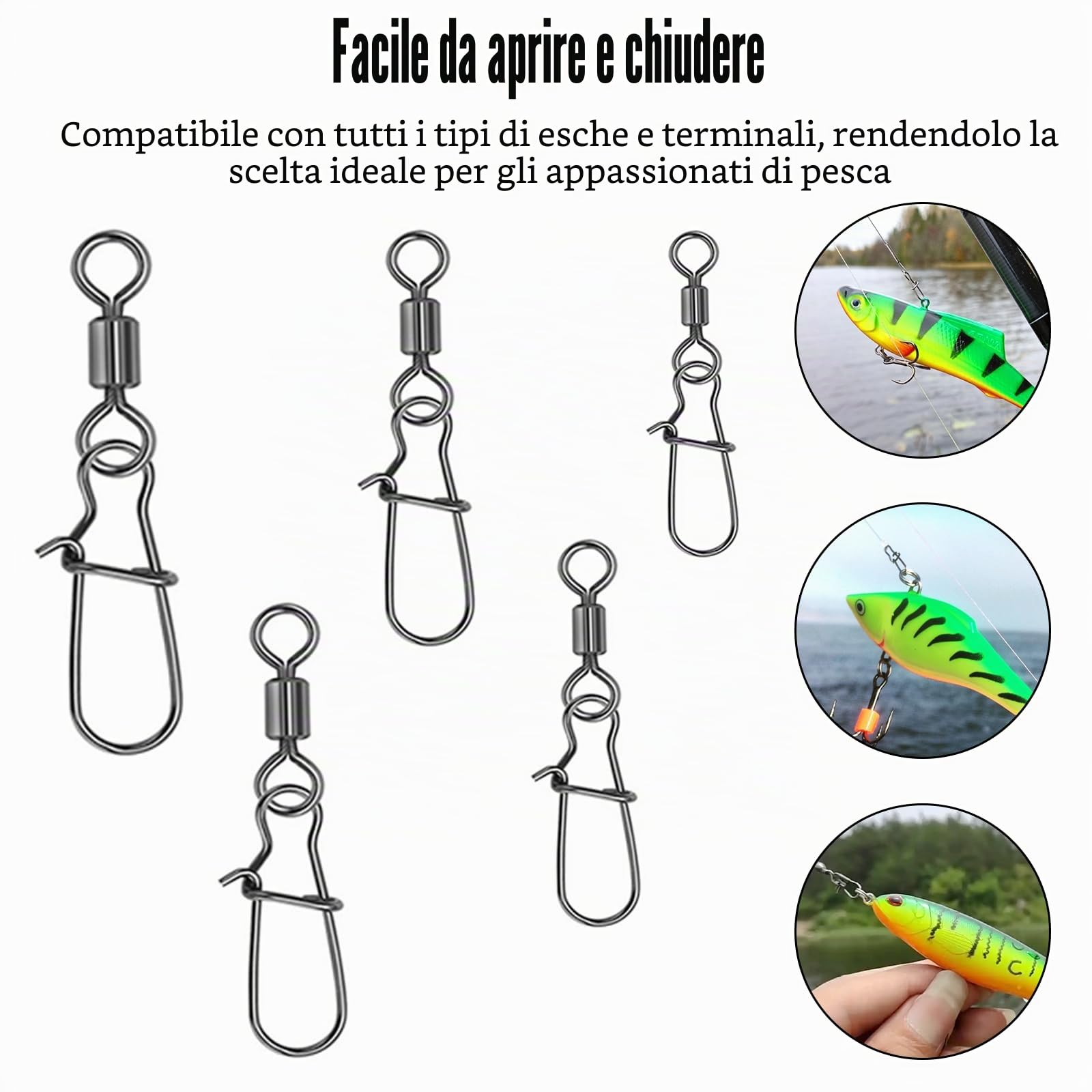 100 Pezzi Girelle da Pesca, Mulinelli da Pesca con Moschettone | Moschettoni Pesca in Acciaio Inox, Anelli Solidi con Moschettone, per Esche da Pesce, Pescas alla Trota (4# 6# 8# 10# 12#)