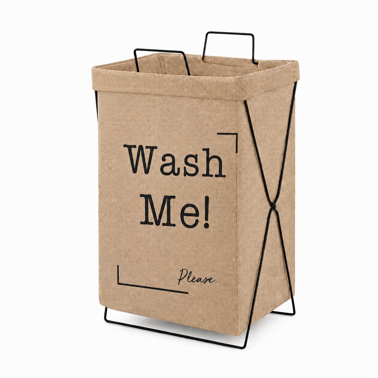 Zollyss Foldable Laundry Hamper Basket with Metal Stand, Beige Fabric Bag, 'Wash Me' Print, 60x35x27 cm (Beige)-image-29