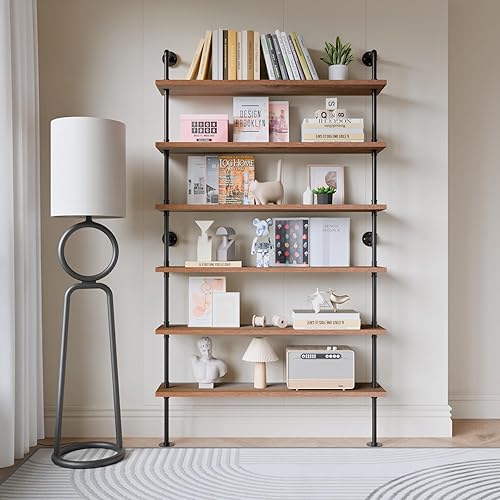 Miniatura 136 de Estantería industrial de 5 niveles, estantería rústica de tubería de metal de madera montada en la pared para sala de estar (marrón envejecido, 10