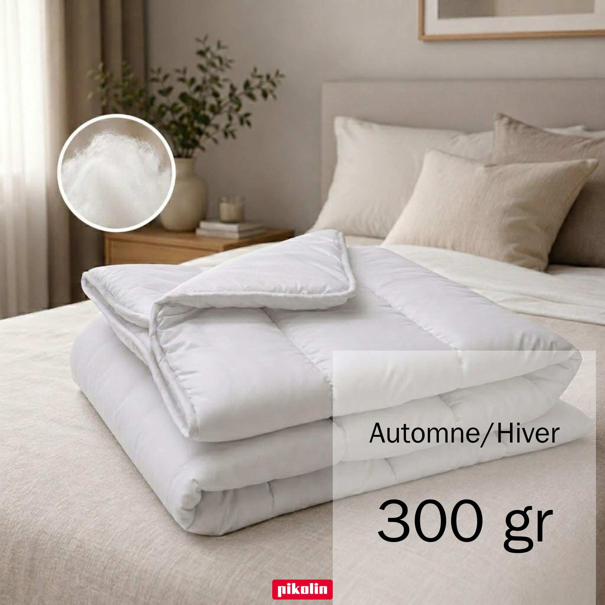 PIKOLIN Couette 220 x 240 cm 300 g Tempérée en Fibre Ecolofil pour Lit 2 Personnes - Certifié Oeko-Tex - Couette Antiallergique, Lavable, Douce et Respirante