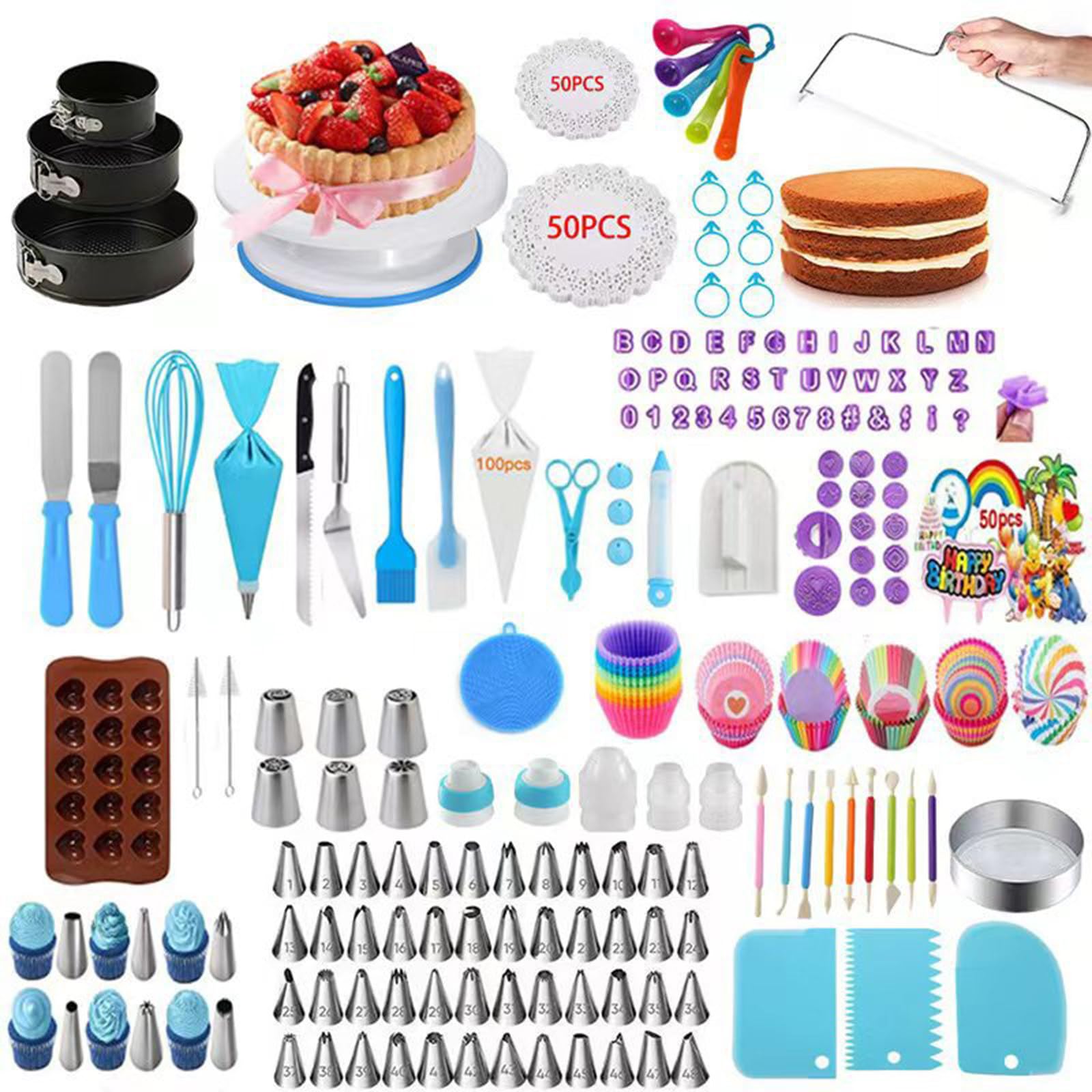 QSWLHLYY Cake Decorating Kit with Rotating Turntable, Non-Stick Cake Pans, Piping Tips, Spatulas, Scrapers & Silicone Cupcake Liners - Complete Baking Supplies for Beginners & Home Bakers 623PCS
