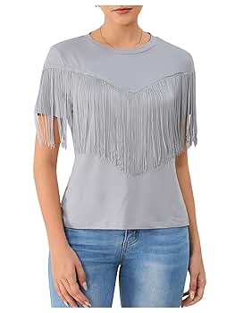 トップス acka fringe american sleeve tops MakeMeChic Women's Fringe Tops Short Sleeve Tassel Trim