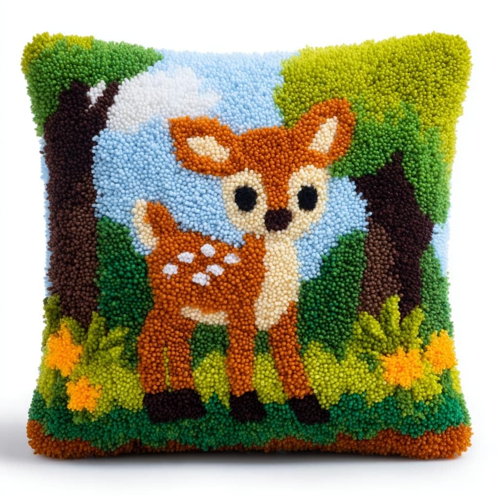 WallustrioaW Latch Hook Pillow Kits Cushion,Deer in the Forest,Printed Pillowcase Sofa Hooking Pillows Crafts Embroidery Latch Hooking Crochet Kits,17x17in