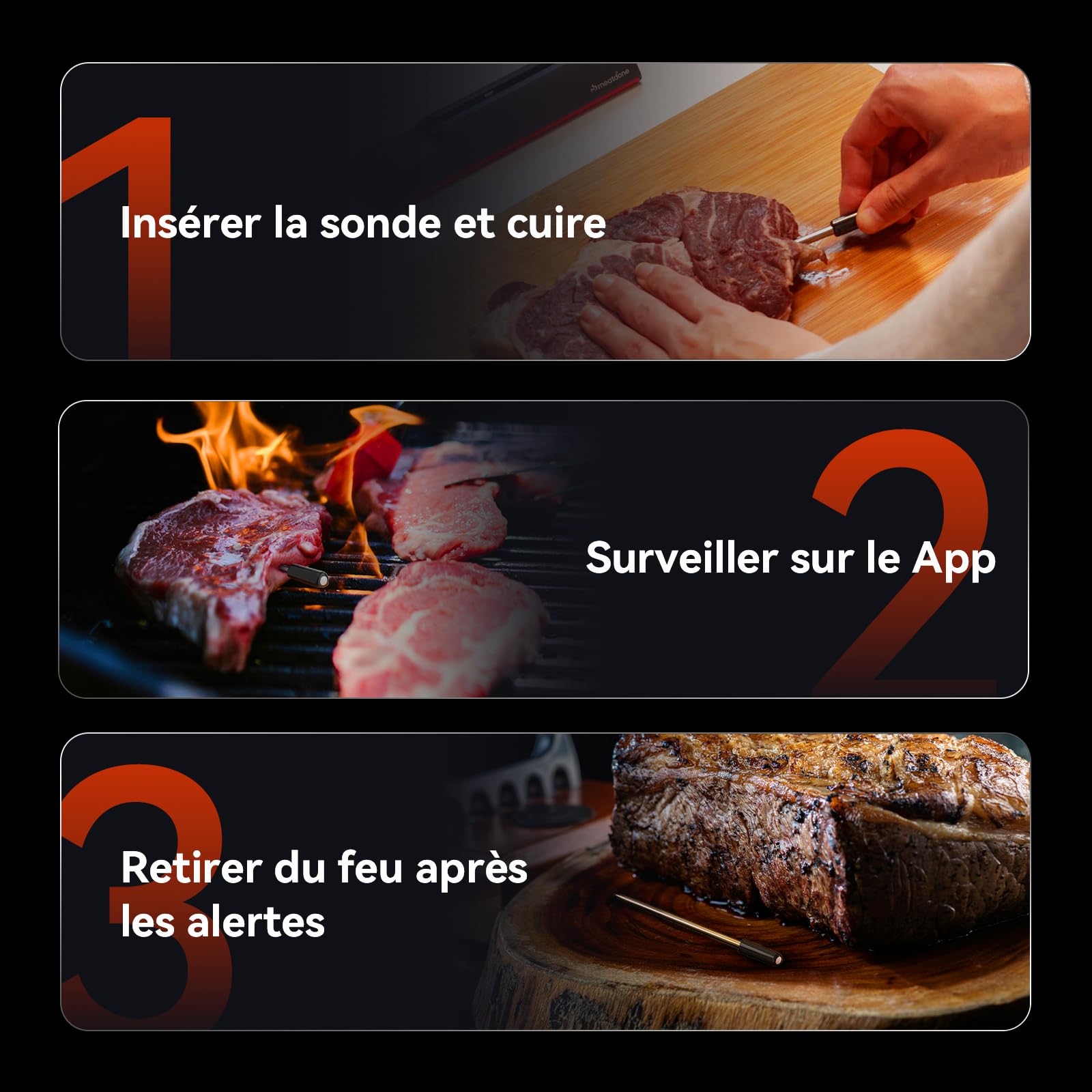 Thermomètre à viande Wi-Fi | Sonde sans fil longue portée pour four, gril, friteuse à air, barbecue | Capteurs doubles | Étanchéité IP67
