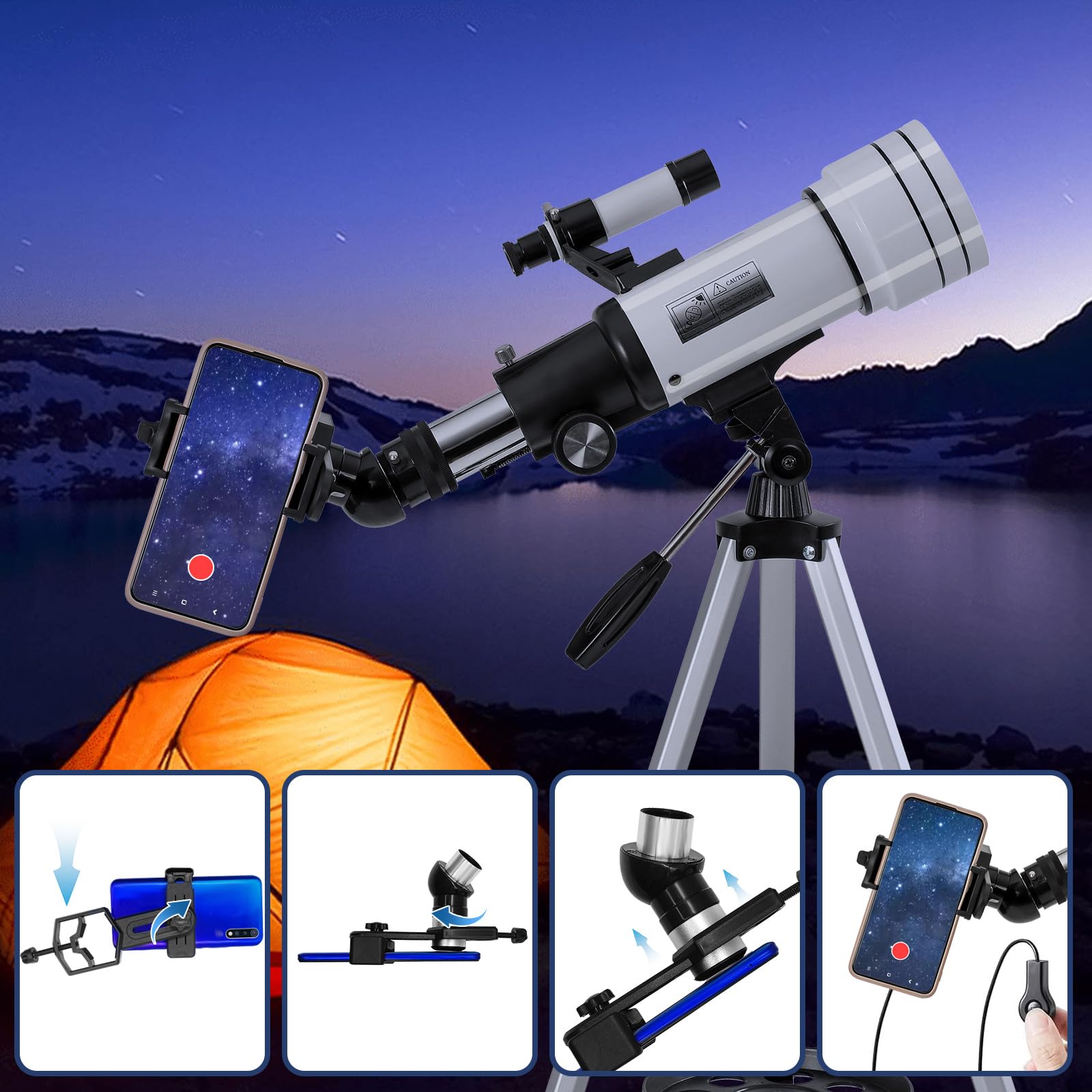 Télescope Astronomique 70/400mm Pour Adultes, Enfants et Débutants - Réfraction Avec Adaptateur de Téléphone et Trépied