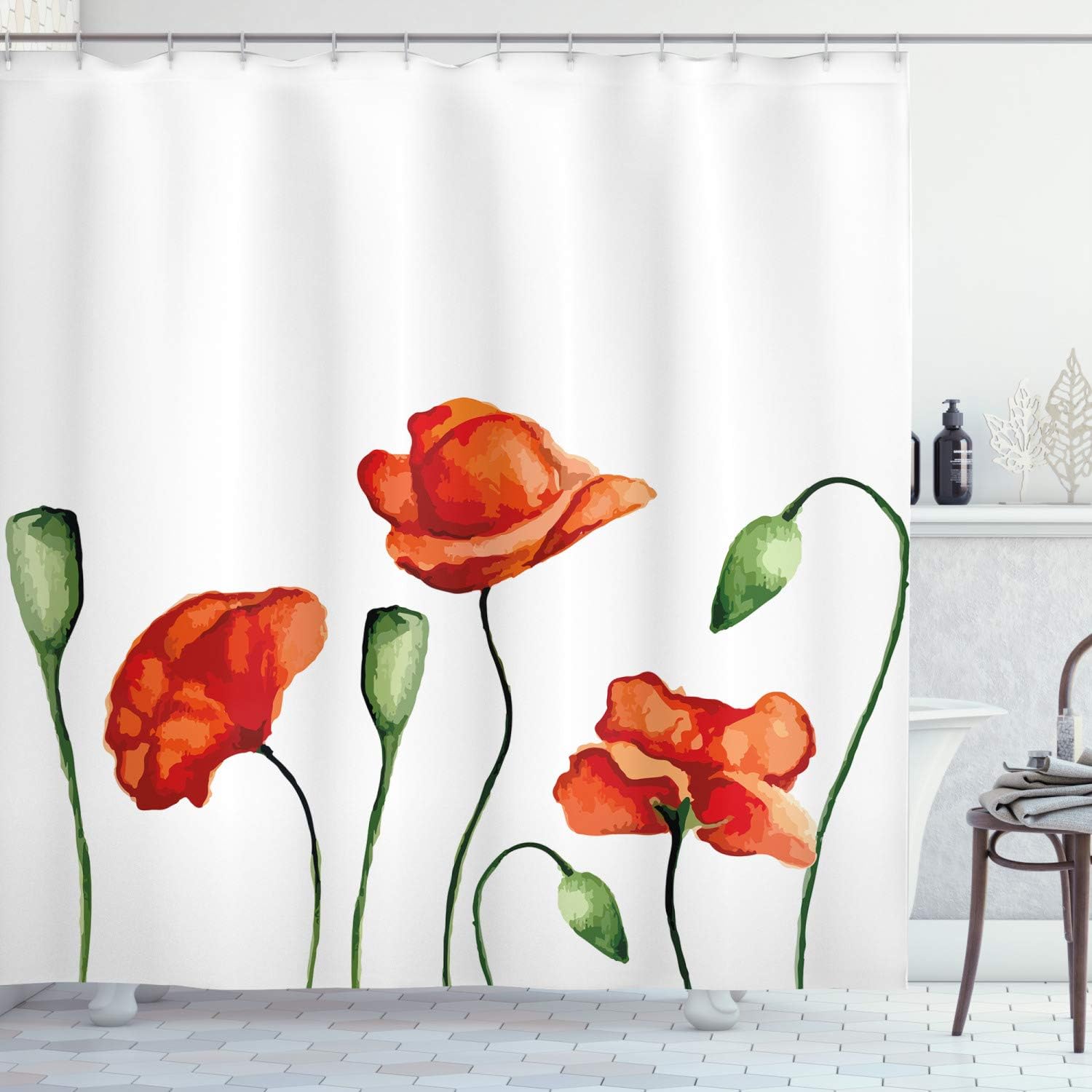 Ambesonne Flower Shower Curtain, Floral Theme Watercolor Style Effect Poppies Blossom Illustration Print, Cloth Fabric Bathroom Decor Set with Hooks, 69" W x 84" L, Fern Scarlet