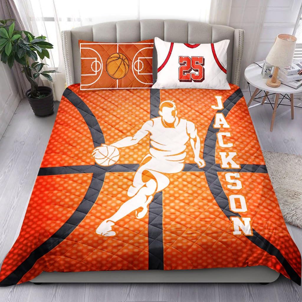 Personalized Basketball Quilt Set, Basketball Boy Running Orange Quilt Blanket with Pillowcases, Custom Name and Number Quilt Bedding Set MLANH3447