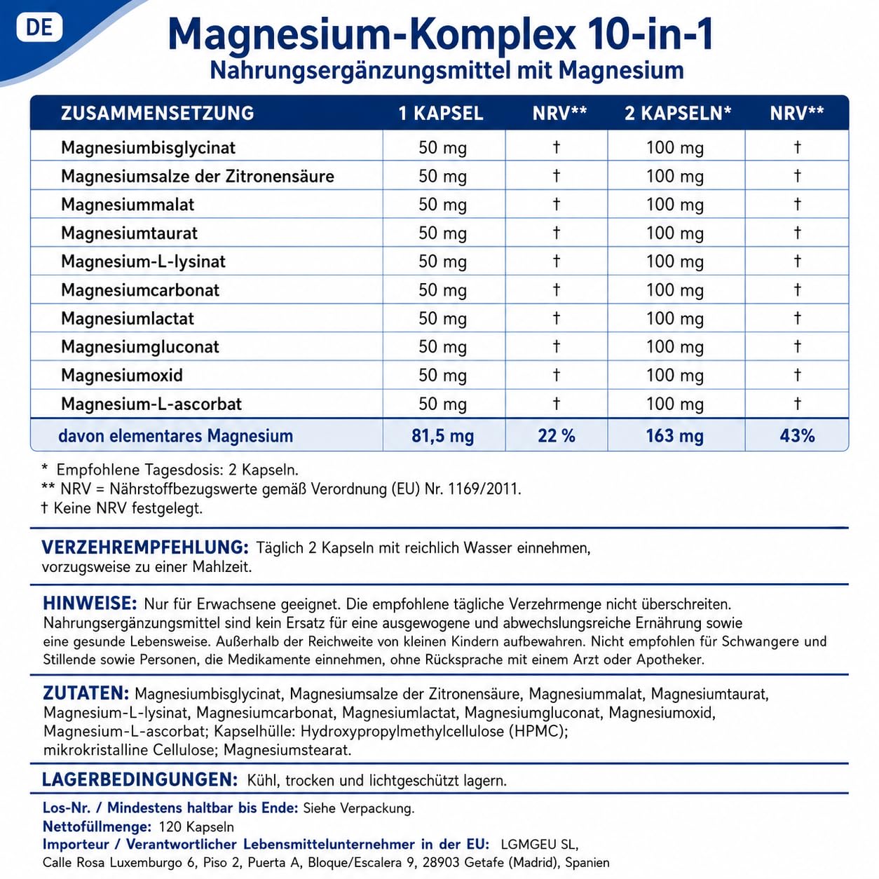 Magnesium-Komplex 10-in-1 | Mit Magnesiumbisglycinat, Citrat, Malat, Taurat, Oxid, Carbonat & mehr | 163 mg Magnesium pro Portion | Für Muskeln, Knochen, Nervensystem & Energiestoffwechsel