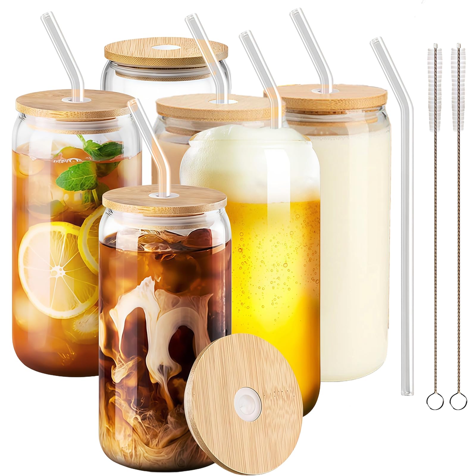 MEETOZ 6 Set 500ml Finew Glass Cups with Bamboo Lids and Glass Straws,Reusable Can Shaped Glass Cups Set,for Smoothies, Beer, Cola, Juice, Soda