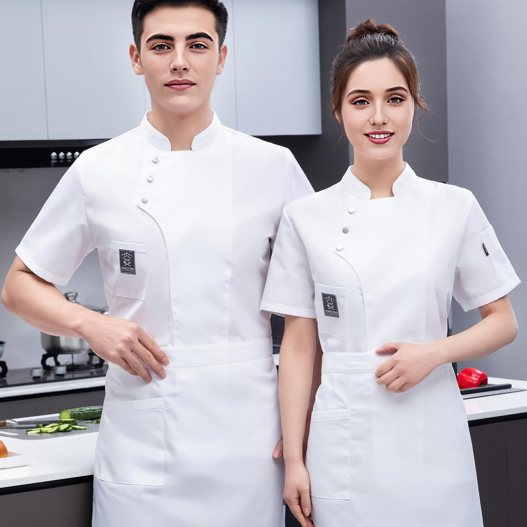 Cappotto Da Cuoco Personalizzato Manica Corta Giacca Da Cuoco Personalizzata Con Cappello Grembiule Camicia Da Cuoco Uniforme Alberghiera per Uomini Donne