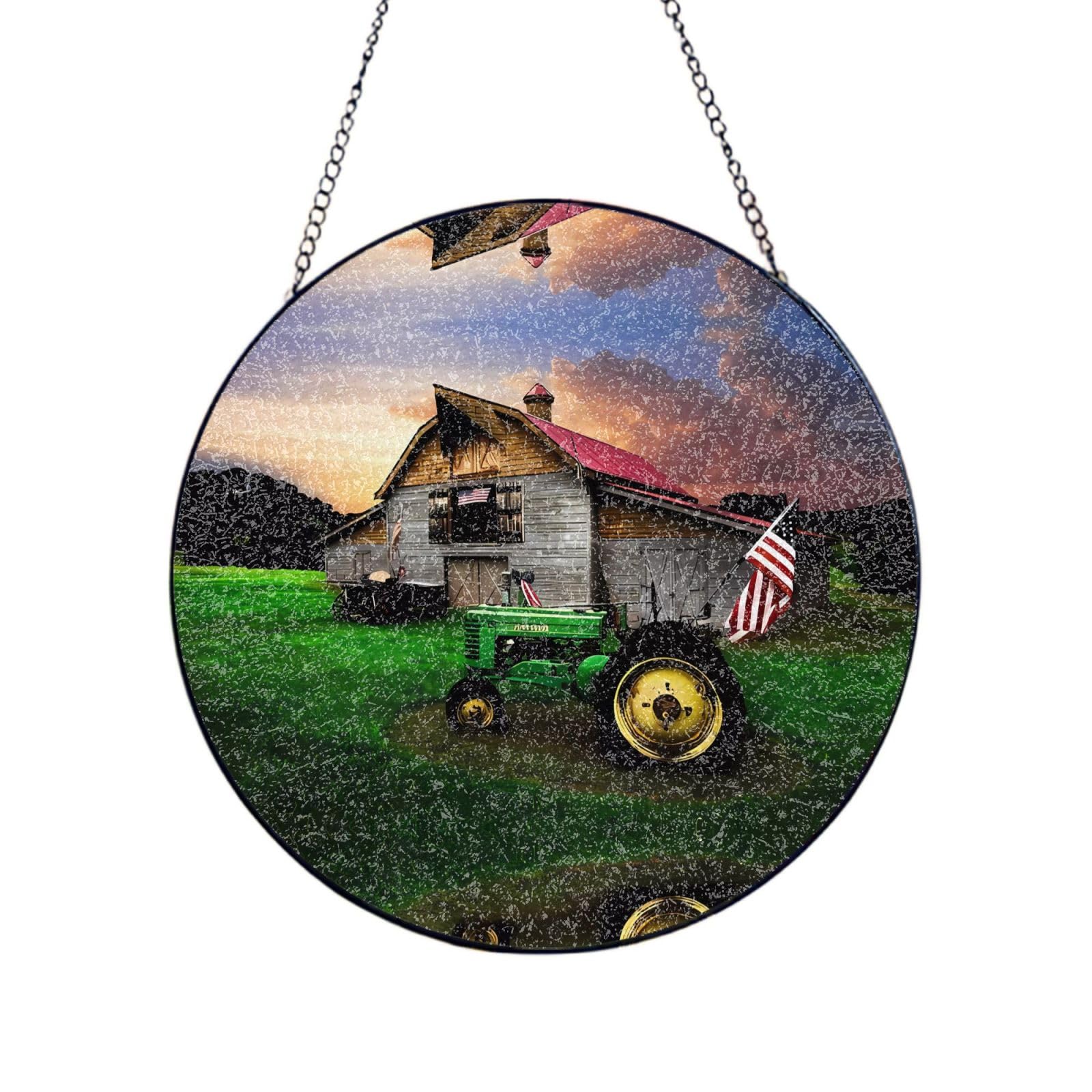 Phayah Old Tractor Photo Farm Print Glass Window Hanging Sun Catchers Suncatcher Decor For Birthday For Home Garden Porch 8in（20cm）