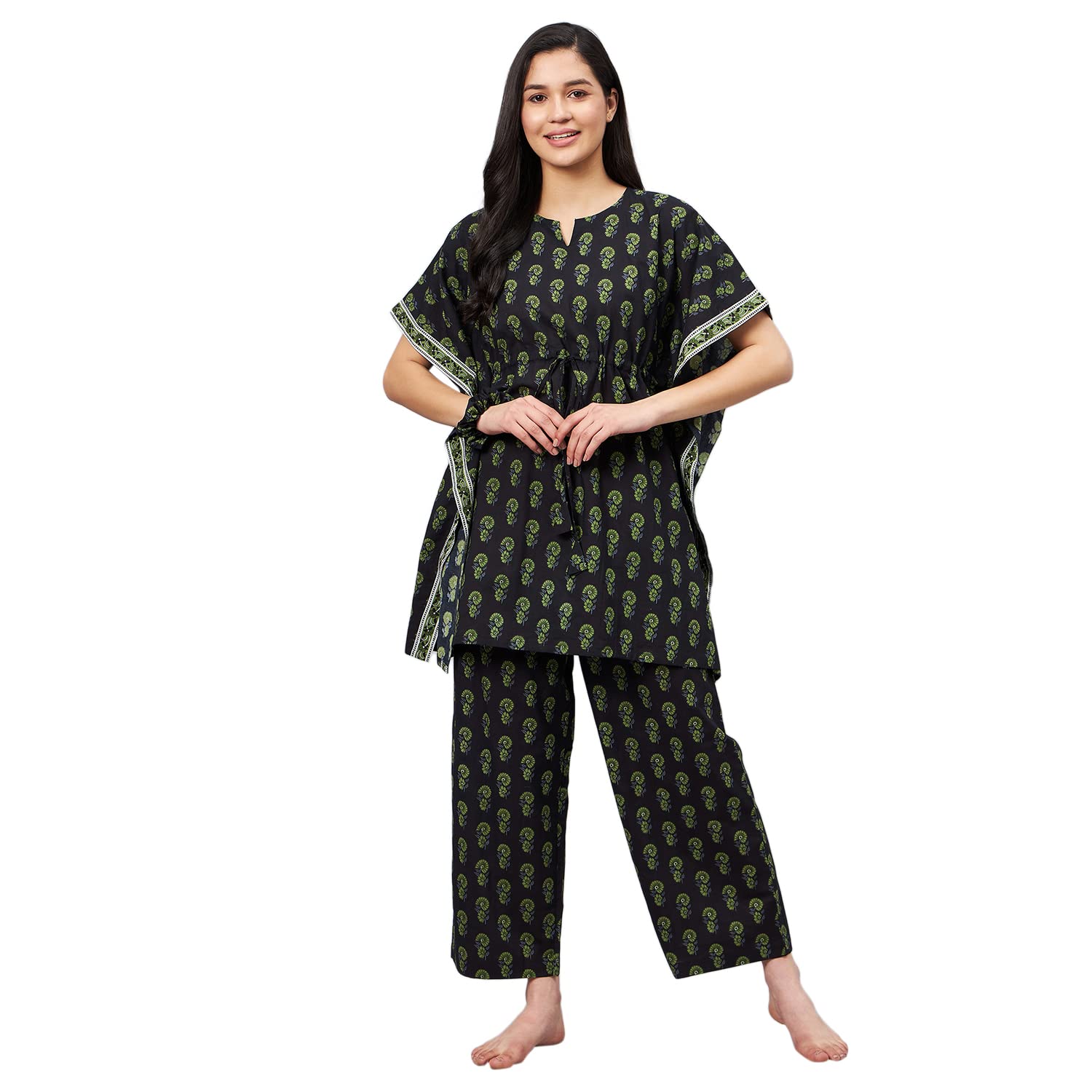 Woman Floral Print Kaftan Night-Suit Set with Scrunchie-image-33