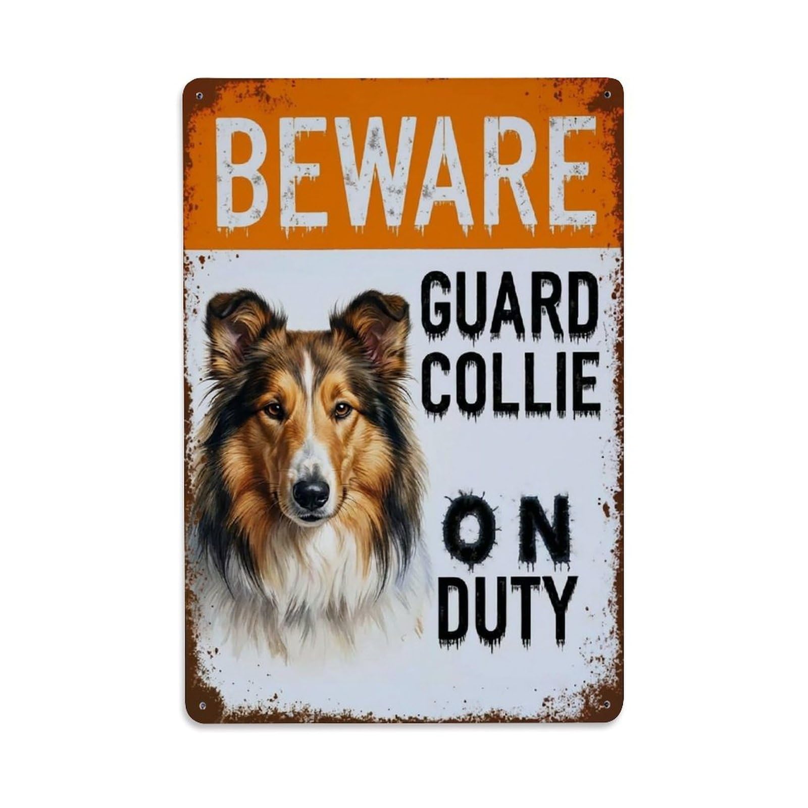 Vintage Funny Collie Guard Beware of Dog Veranda Metal Tin Sign Plaque Wall Decor for Cafe, Club Bar, Office, Garden Metal Poster 8x12Inch