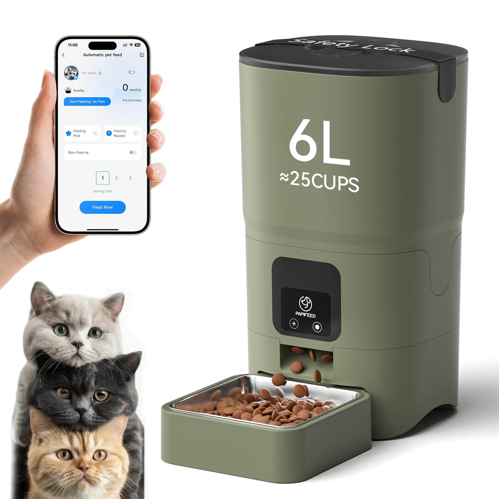 PAPIFEED Automatic Cat Feeder Upgrade, WiFi Pet Feeder with APP Control for Remote Feeding, Detachable for Easy Clean, Dual Power Supply,1-10 Meals Per Day for Multiple Pets (Greener)