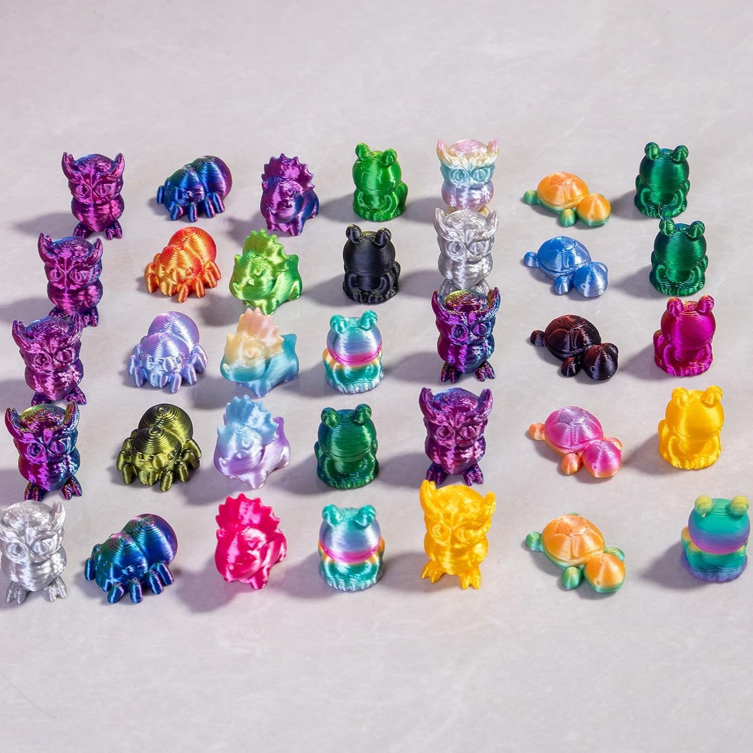 Zestaw figurek zwierząt z nadrukiem 3D, 2 cm, gradientowy kolor, mini nadruk 3D, zwierzęta, luzem (sowa, żaba, nosorożec, pająk i żółw), przyjazne dla środowiska małe zwierzęta do nagród klasowych i