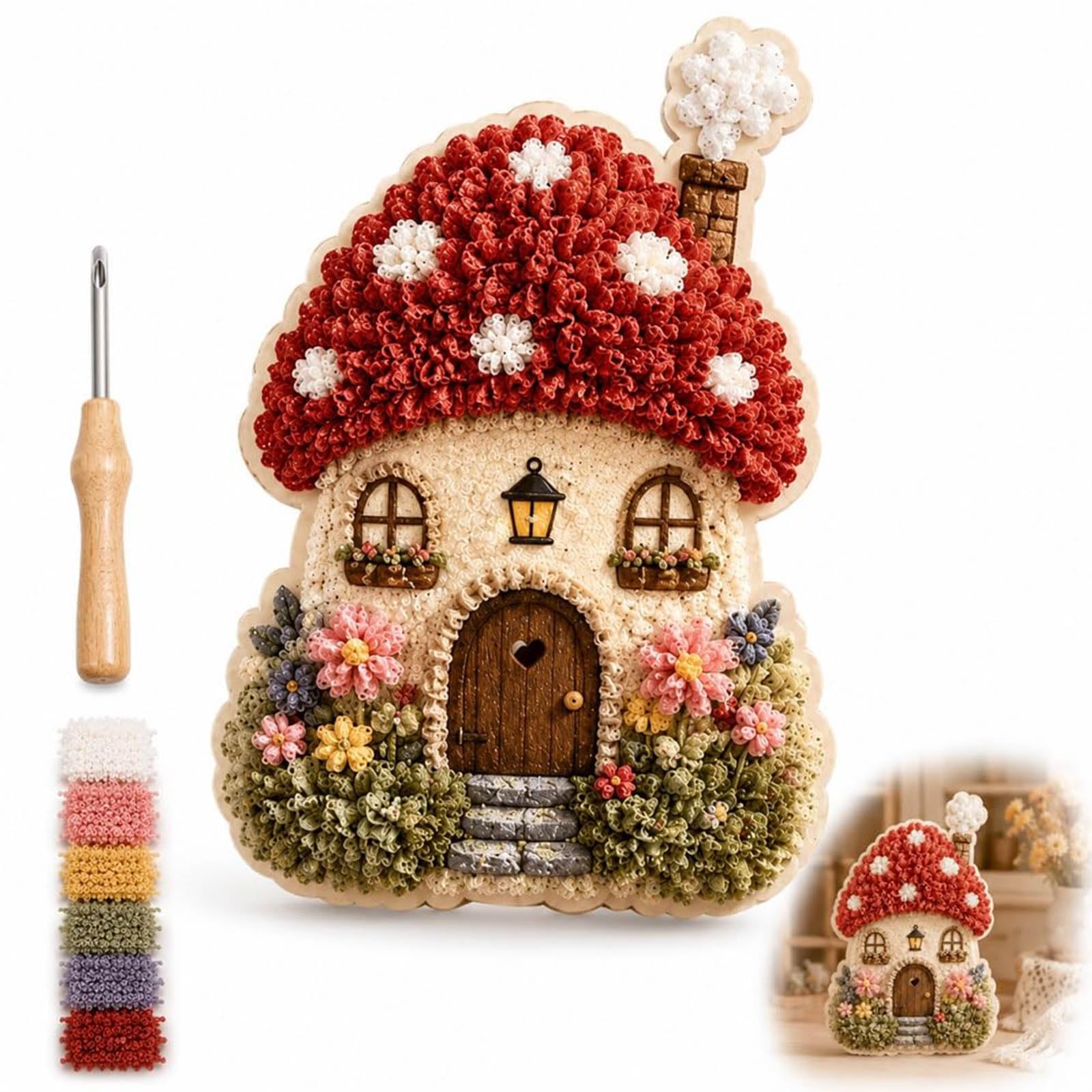 Whimsical Village 3D Fabric Poke Art Kit, Floral Mushroom Cottage Creative Craft Set, No Sew Press Technique, Simple Illustrated Guide, Home Decor Craft for Adult Beginner Handmade Hobby Gift (# C)