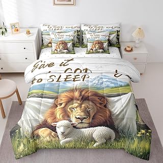 7 Pieces Lion and Sheep Comforter Set Twin,Bible Verses Christian Bedding for Kids Adult,Wild Animals Nature Scenery Painting Art Comforter+Fitted+Flat Sheet+2 Pillowcases+2 Throw Pillow Covers