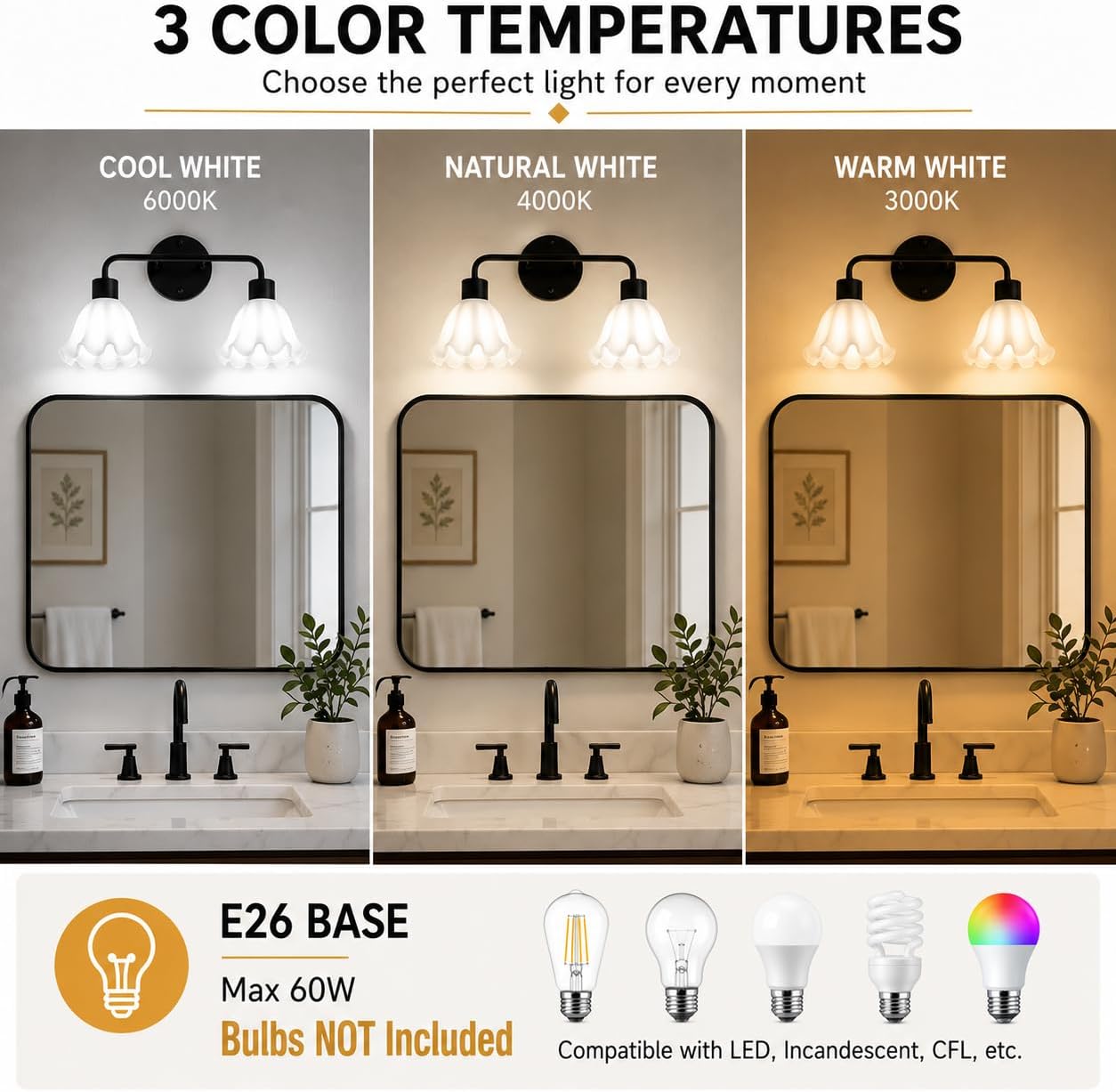 2 Light Black Bathroom Light Fixture,Modern Black Vanity Lighting Over Mirror,Cute Milk White Glass Flower Lampshade,E26 Socket(Bulbs Not Included)
