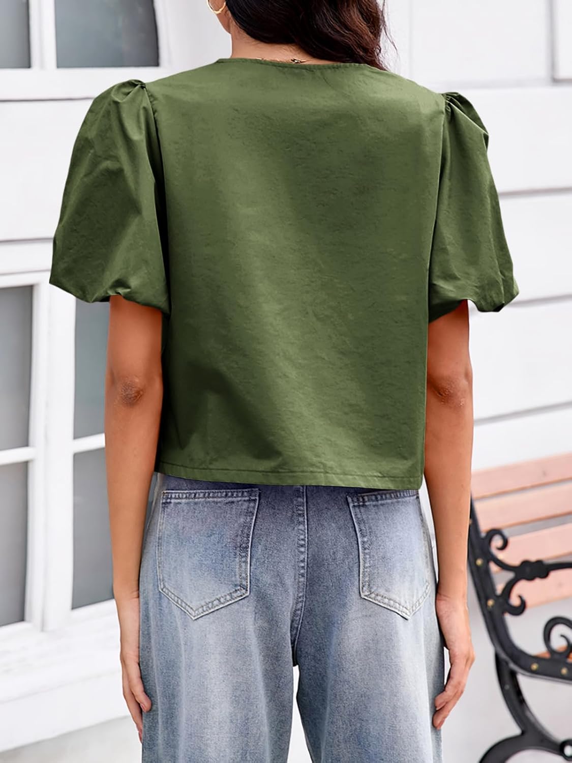 Tankaneo Womens Cropped Tops Puff Sleeve Button Down Shirts Trendy Casual Loose Fit Cute Blouse - Image 5