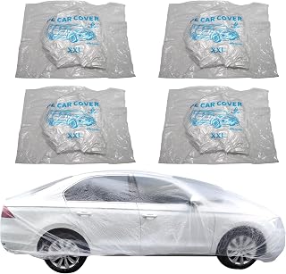 4 Pack Clear Disposable Car Covers, Medium Size Plastic Vehicle Protection Covers with Elastic Band, Universal Fit for Indoor Outdoor Rain Dust Garage Storage