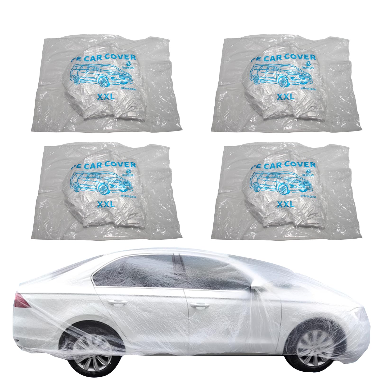 4 Pack Clear Disposable Car Covers, Medium Size Plastic Vehicle Protection Covers with Elastic Band, Universal Fit for Indoor Outdoor Rain Dust Garage Storage