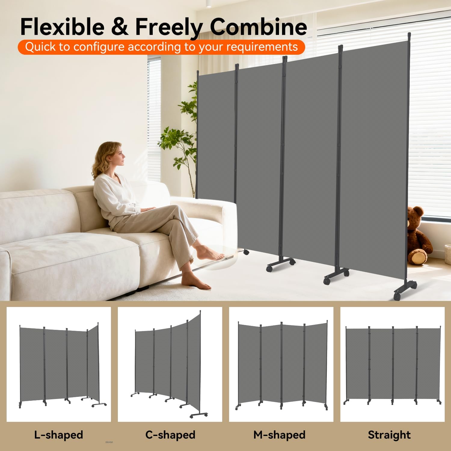 Room Divider 88''W Wall Divider for Room Partition (Heavy Duty Base) 4 Panel Partition Room Dividers, Freestanding Room Divider Screen Separation W/Wheels Folding Privacy Screen Panel Space Separator