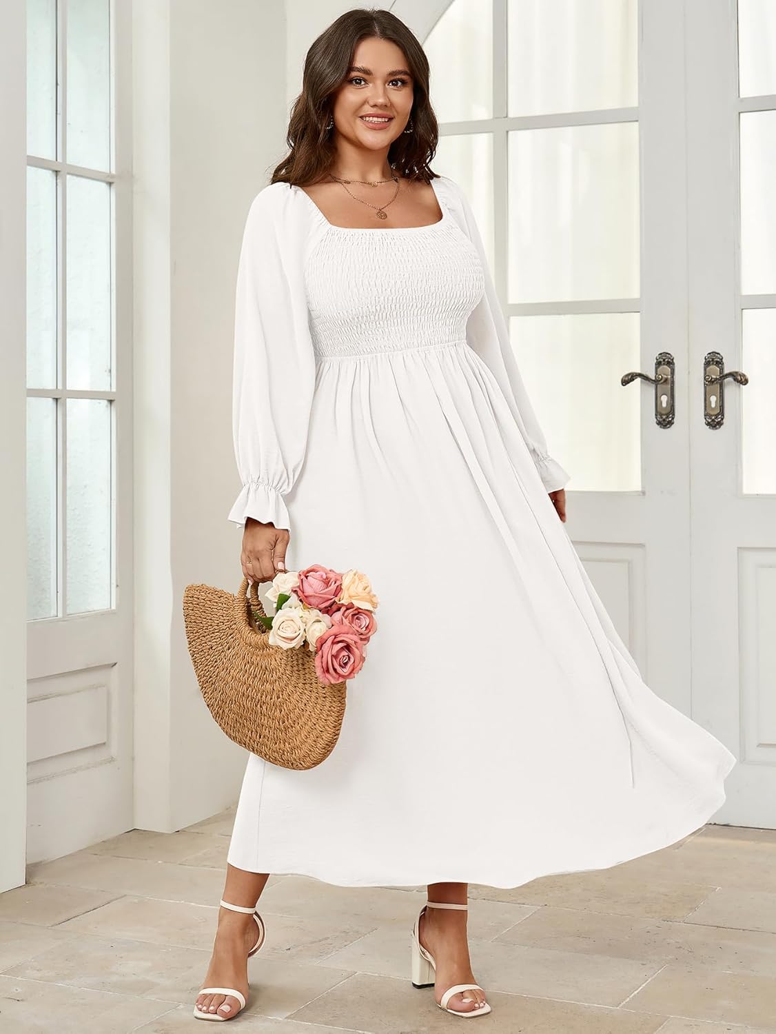 Women's Plus Size Maxi Dress Long Sleeve Square Neck Smocked Flowy A-Line Boho Wedding Party Maxi Dress - Image 7