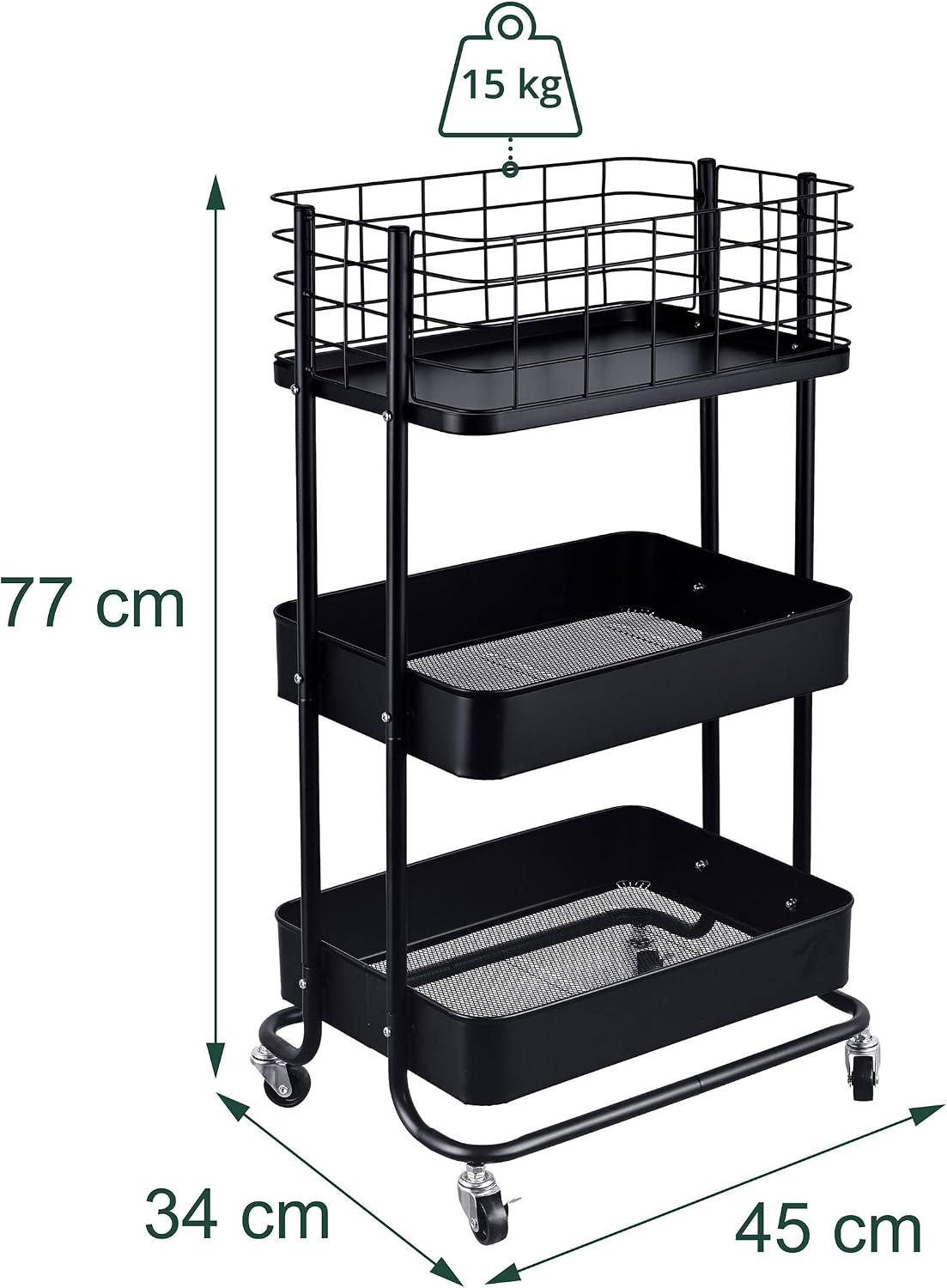 Relaxdays Metal 3 Tier Rolling Trolley H 77 x W 45 x D 34 cm for Bathroom, Kitchen & Office, Utility Trolley, Black