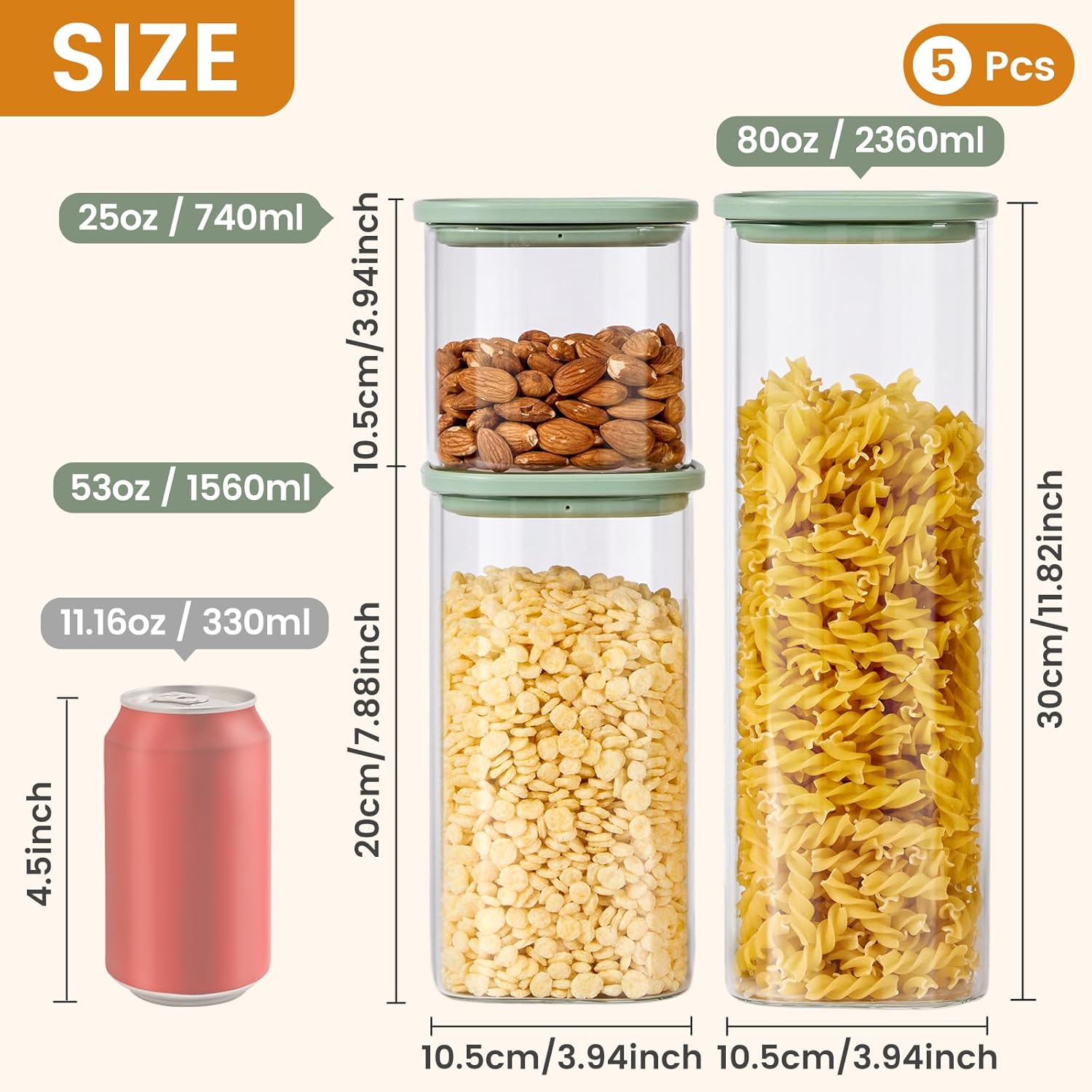 Square Glass Food Storage Jars with Lids Set of 5, Perfect for Pasta, Cookies, Nuts, Coffee, Cereal, Flour,Organize Your Kitchen with these BPA-Free Glass Jars with Lids