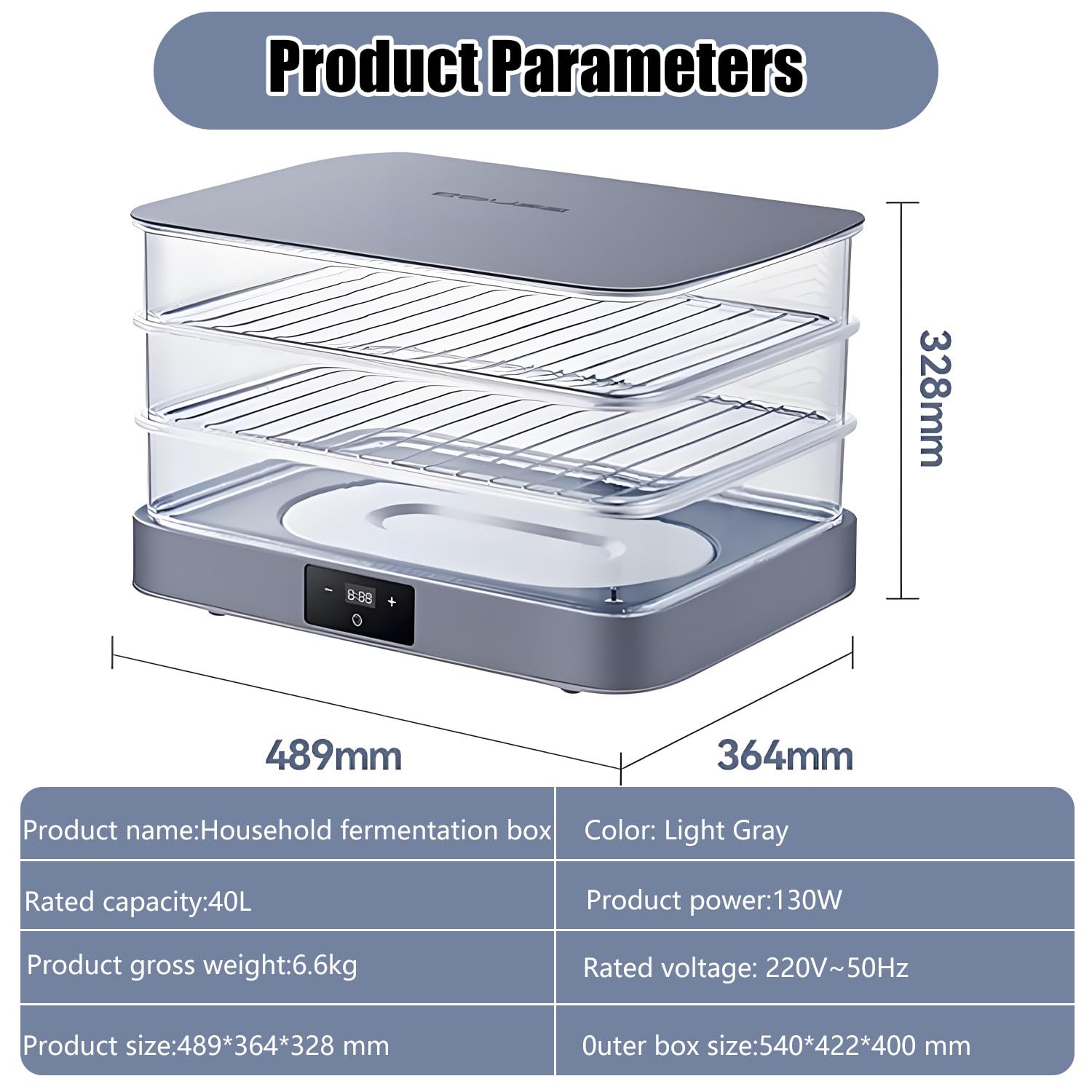 Elektrischer Gärschrank, 40 l, abnehmbares Haushaltsgerät, Temperaturregelung 20–50 °C + 1 Min.–24 Std., automatische Feuchtigkeitsregelung