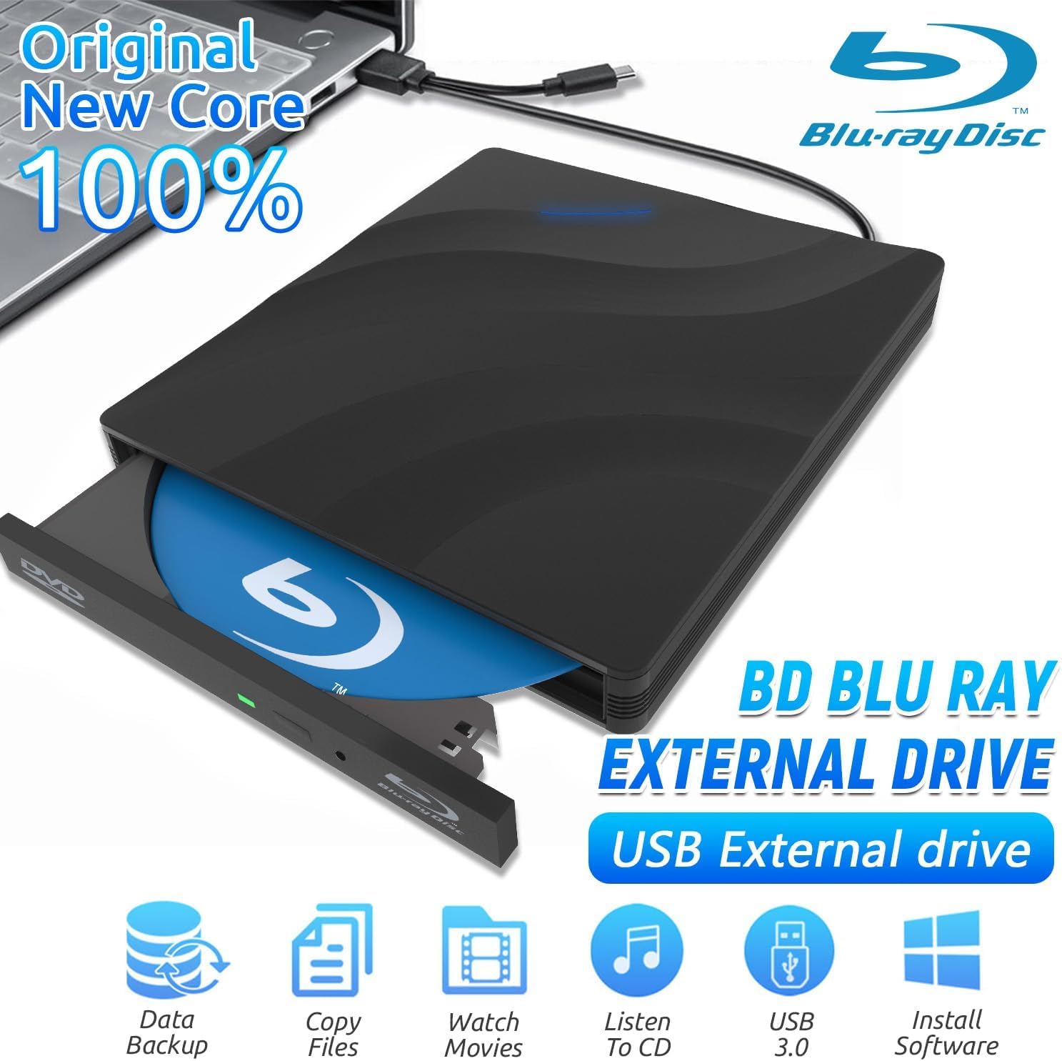 Unidad Blu-ray externa, USB 3.0 tipo C, grabadora de DVD y CD óptica 3D delgada, compatible con Windows y MacOS