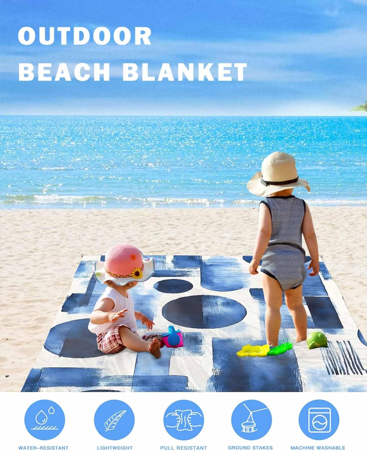 Abstract Blue Gradient Geometric Pattern Beach Blanket Extra Large 95x80in Outdoor Waterproof Sandproof Picnic Blankets with Stakes Lightweight Beach Mat for Camping Travel Hiking,Modern Color Block