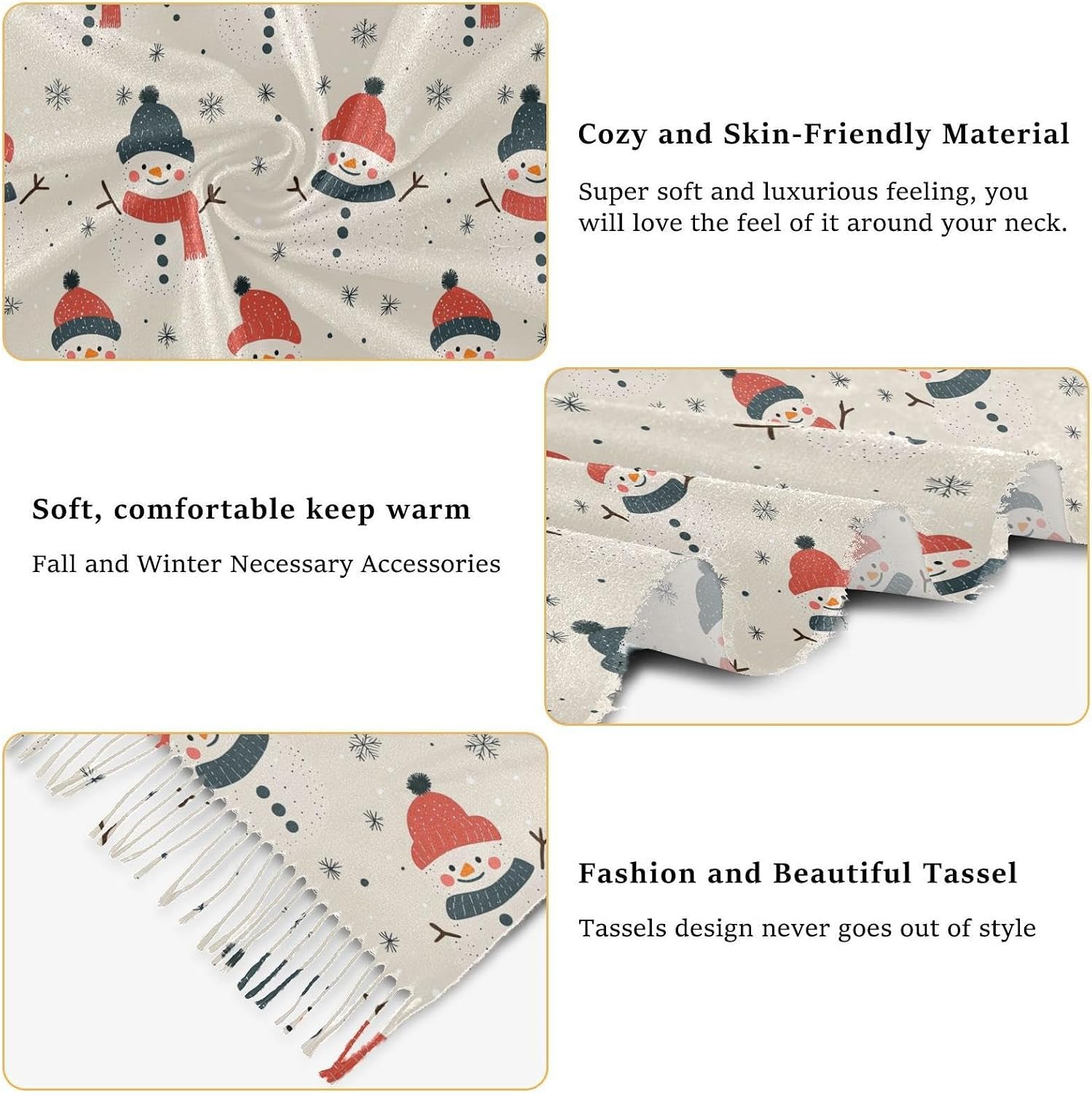 Winter Scarf for Women Farmhouse Snowman Snowflake Fashion Tassel Shawl Wraps for Women, Cold Weather Warm Womens Scarves Soft Long Scarf Gifts