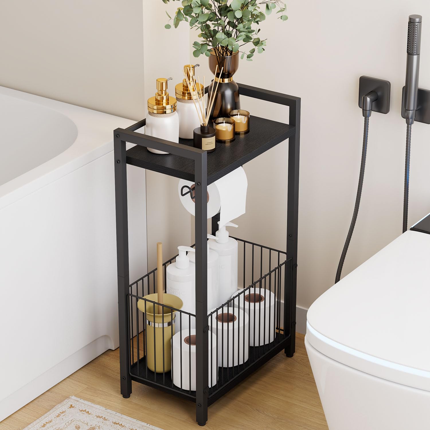 IBUYKE Aufbewahrungswagen für das Badezimmer, freistehender Toilettenpapierhalter mit Ablagen für Toilettenpapier, Handys und Feuchttücher – schmale Ablage für Badezimmer, Wohnzimmer und Küche TLJ020B