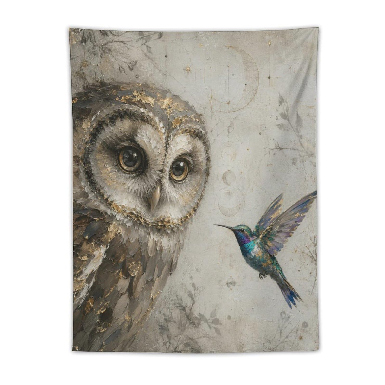 W7C8U2X3 Owl and Hummingbird Wall Tapestry, Floral Wing Detail