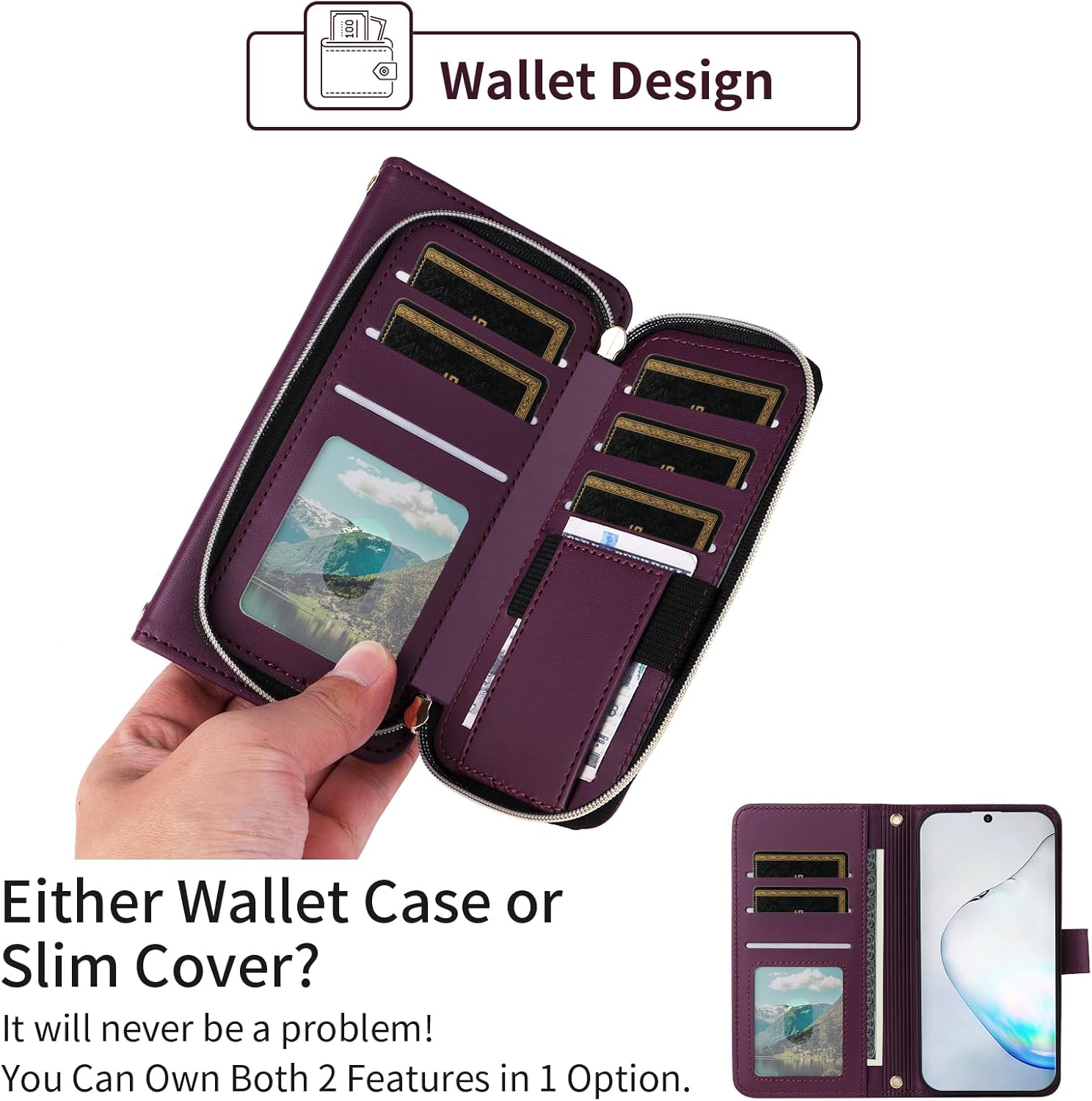 Wallet Case for Samsung Galaxy Note 10 Plus Note10+ 5G with Wrist Strap 9 Card Slots Zipper Purse Luxury PU Leather Stand Phone Cover for Note10 + Notes 10+ Ten Not S10 10Plus Women Deep Purple