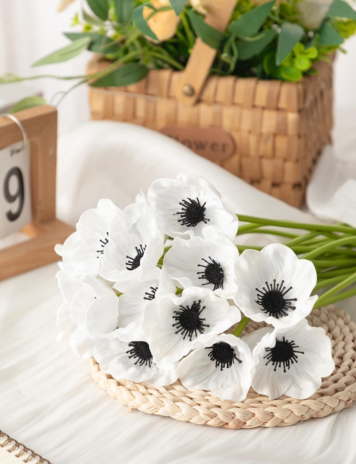 48 PCS Artificial White Flower, 11 Inch Silk Anemone Flower, Stems PU Real Touch Fake Flowers in White with Black Center for Wedding Bouquet Home Kitchen Party Table Centerpiece Decor