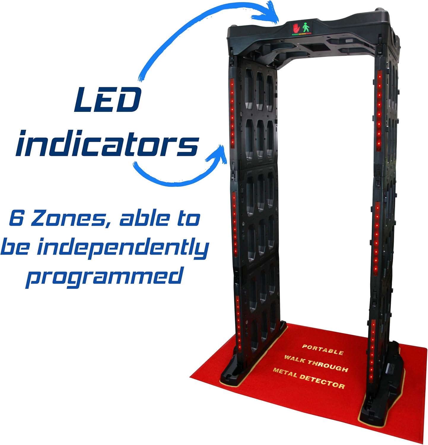 Metal detector showing LED indicators along the side columns, highlighting detection zones.