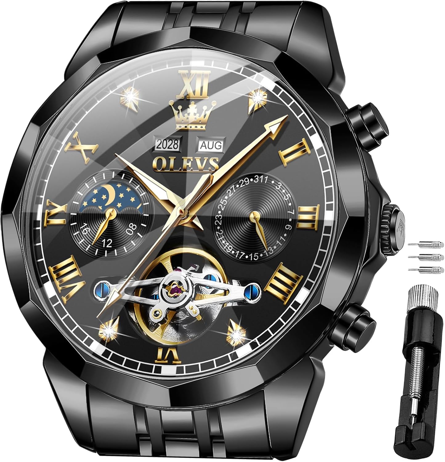 OLEVS Men Automatic Watch Diamond Skeleton Mechanical Luxury Self Winding Moon Phase Calendar Waterproof Wrist Watch for Men
