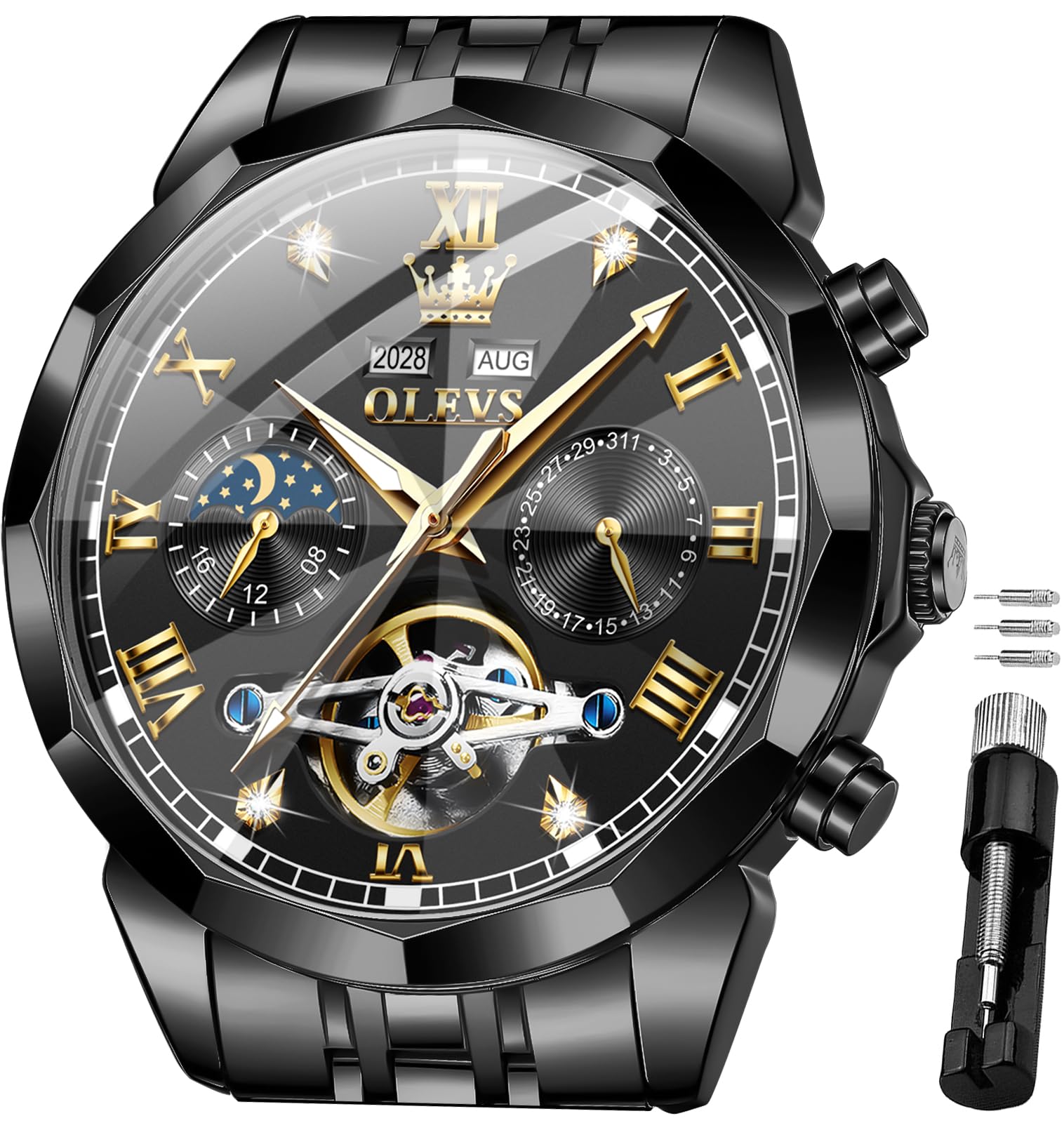 OLEVS Men Automatic Watch Diamond Skeleton Mechanical Luxury Self Winding Moon Phase Calendar Waterproof Wrist Watch for Men