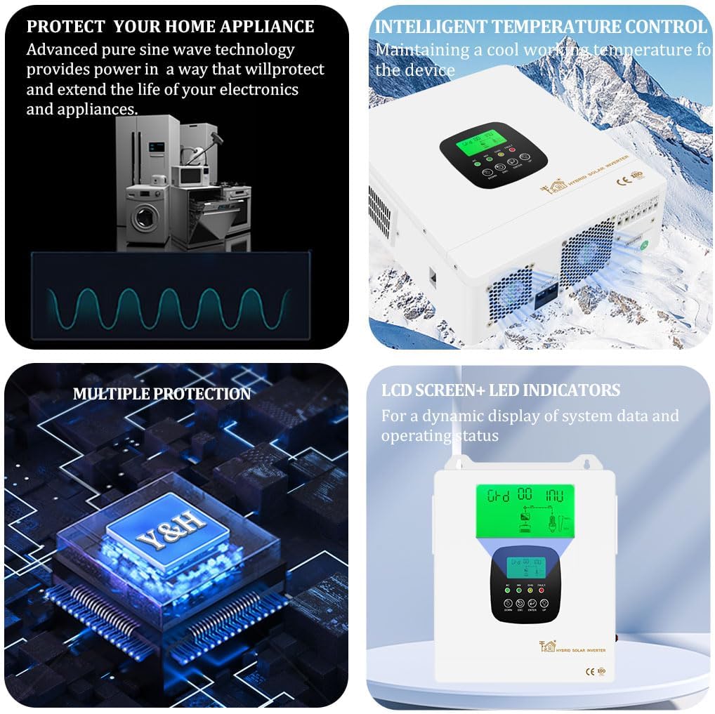 Collage of four images: top-left shows appliances and pure sine wave, top-right shows inverter with intelligent temperature control, bottom-left shows a microchip with 'Y&H' and 'MULTIPLE PROTECTION', bottom-right shows a close-up of the inverter's LCD screen and LED indicators.