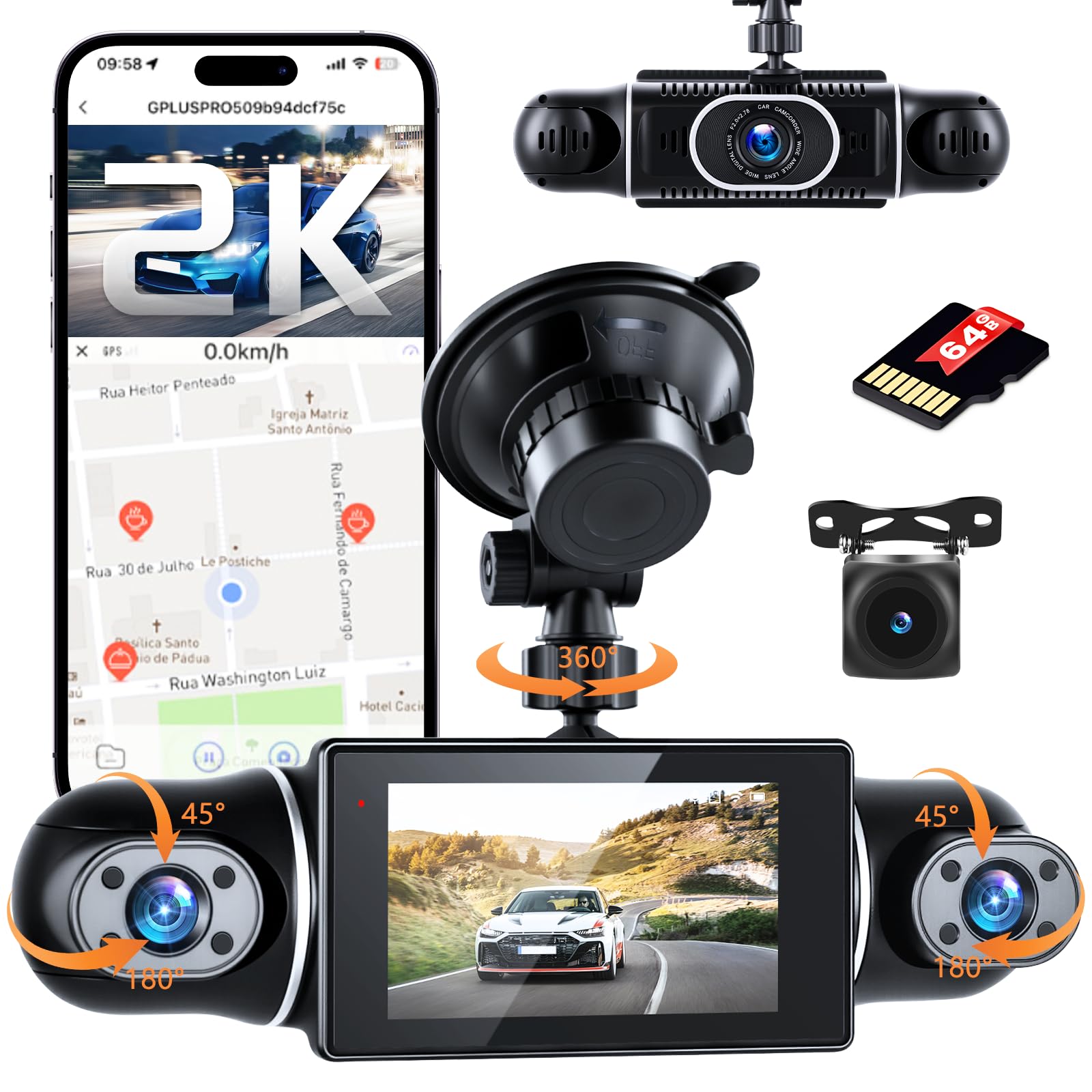Hikity Dashcam 2K con Pantalla IPS de 3 Pulgadas, Grabación en Bucle, Visión Nocturna, Sensor G, Línea de Ayuda al Aparcamiento, Tarjeta TF de 64 GB, Wi-Fi y Control Mediante Aplicación