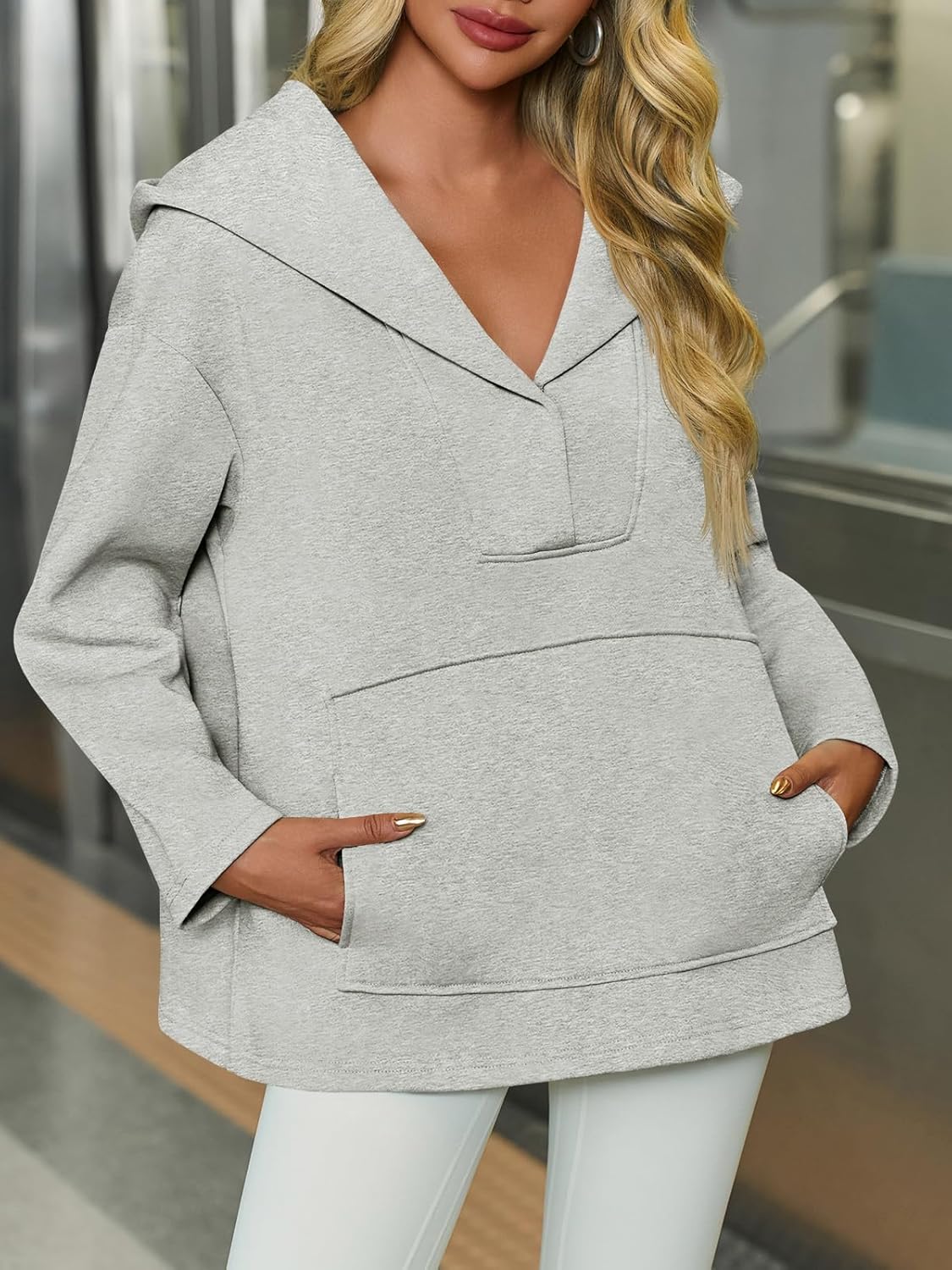 Fisoew Women's Hoodies Oversized Sweatshirts Casual Fleece V Neck Long Sleeve Hooded Loose Fall Winter Pullover Tops - Image 5