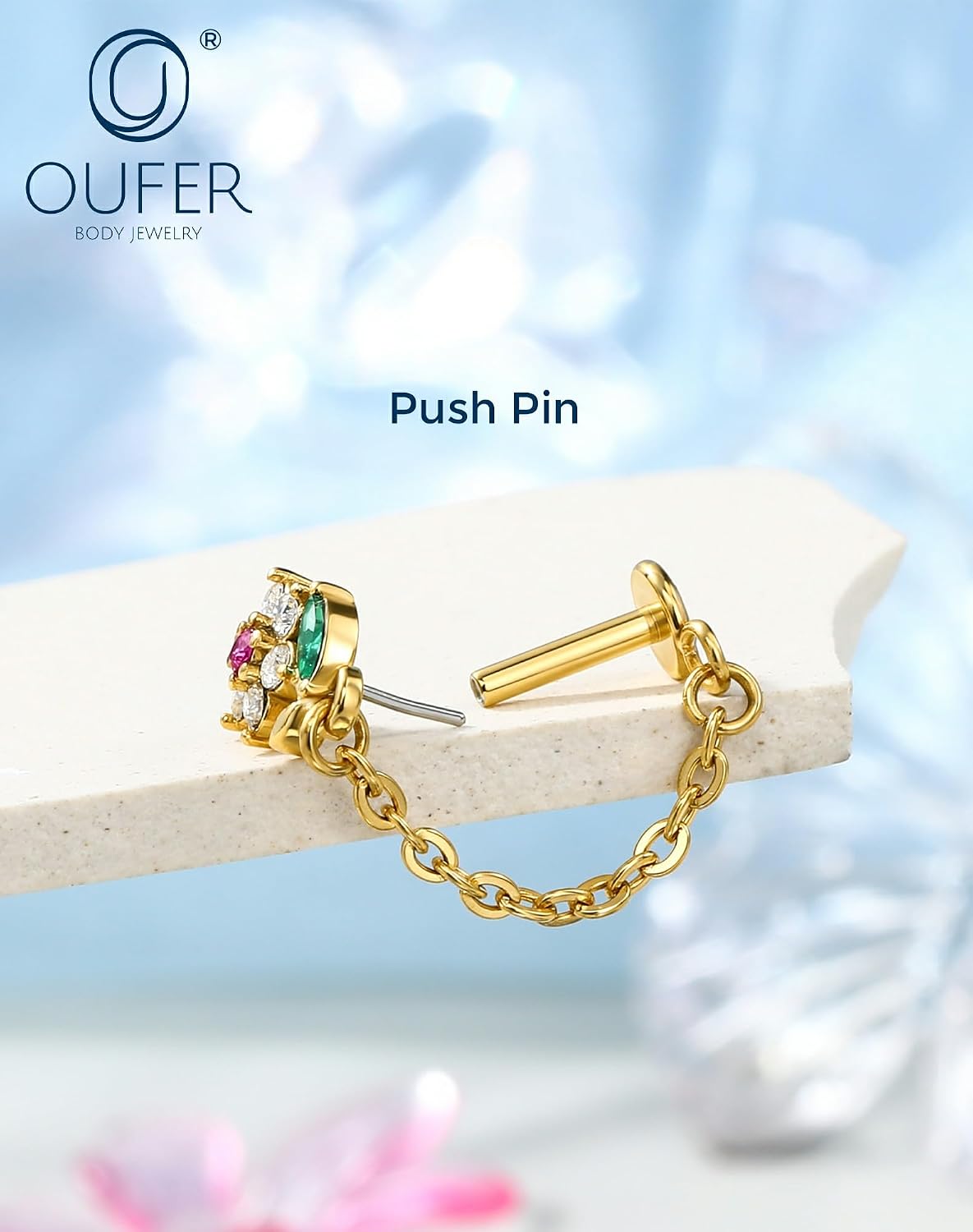 OUFER 16G Threadless Flat Back Cartilage Stud with Chain Dangle, Flower CZ Cluster Labret for Helix/Conch/Tragus/Lobe, 316L Stainless Steel, 6mm Post