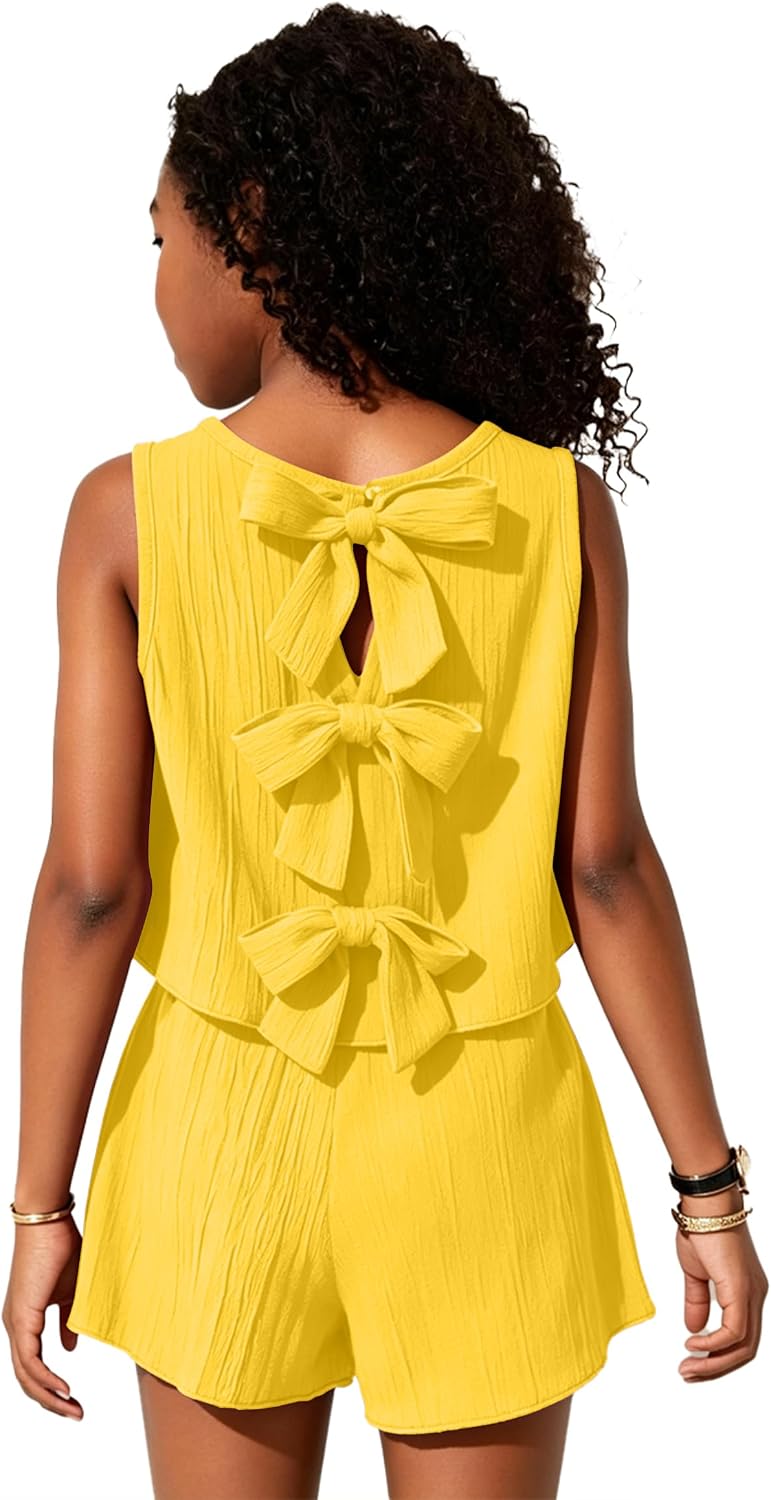 Girls Short Set Summer 2 Piece Outfit Toddler Clothes Sleeveless Bow Back Shirt and Short Set