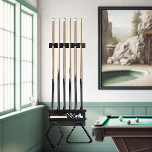 Miniatura 2 de Soporte de pared para palos de billar, soporte para 6 palos de piscina y accesorios de billar, estilo rústico (negro - con estante de bolas)