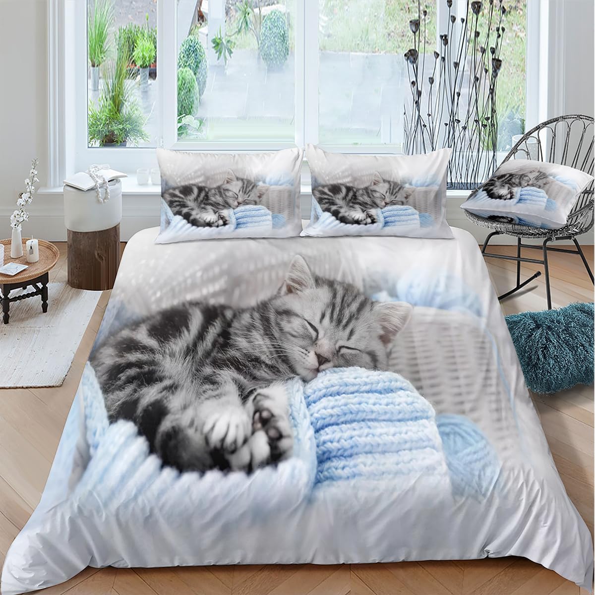 Housse de couette chat 220x240 en microfibre douce anti-glissement