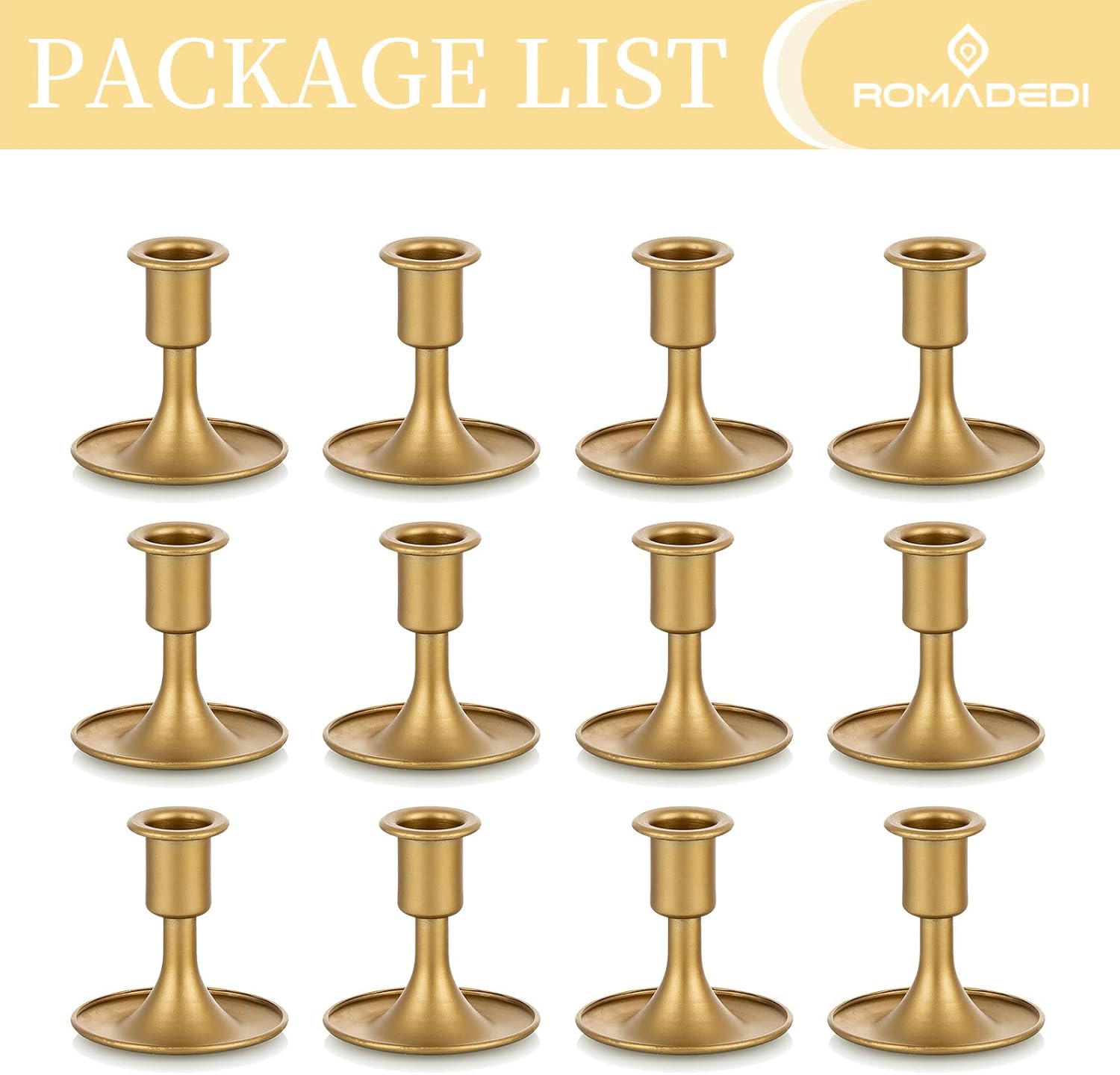Candlestick Holders Taper Candle Holders, Romadedi Gold Candle Stick Candle Holder for Table Centerpiece, Wedding Reception, Festive Christmas Mantel Decoration or Home Decor, Set of 12